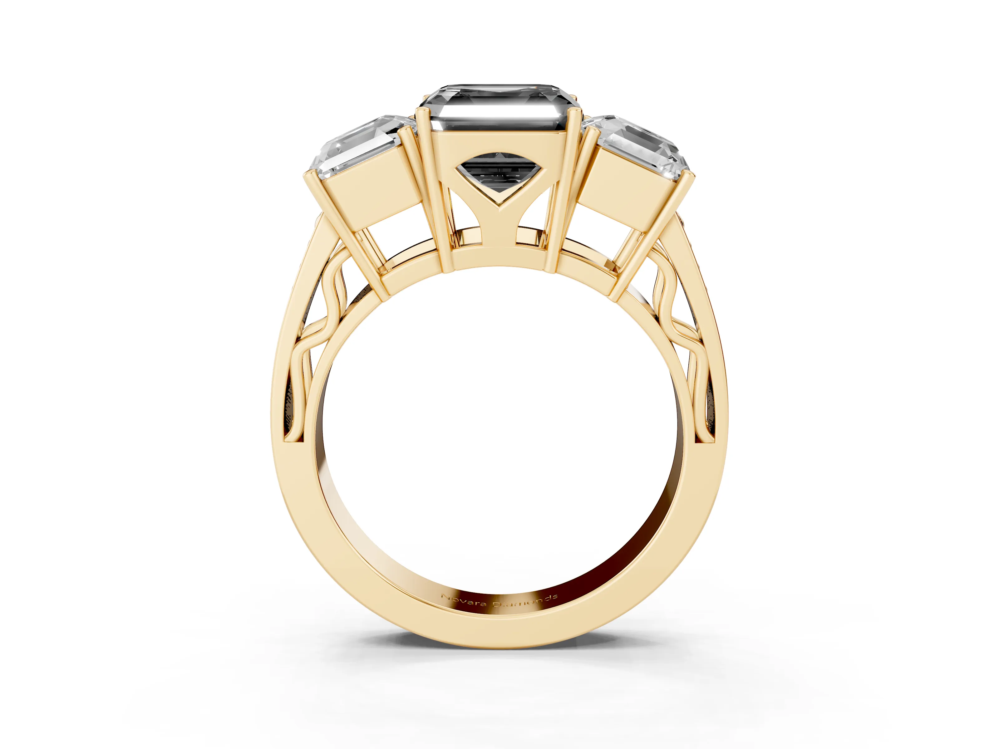 Fancy Black Asscher Cut Diamond Three-Stone Ring Set in Yellow gold with Textured Band