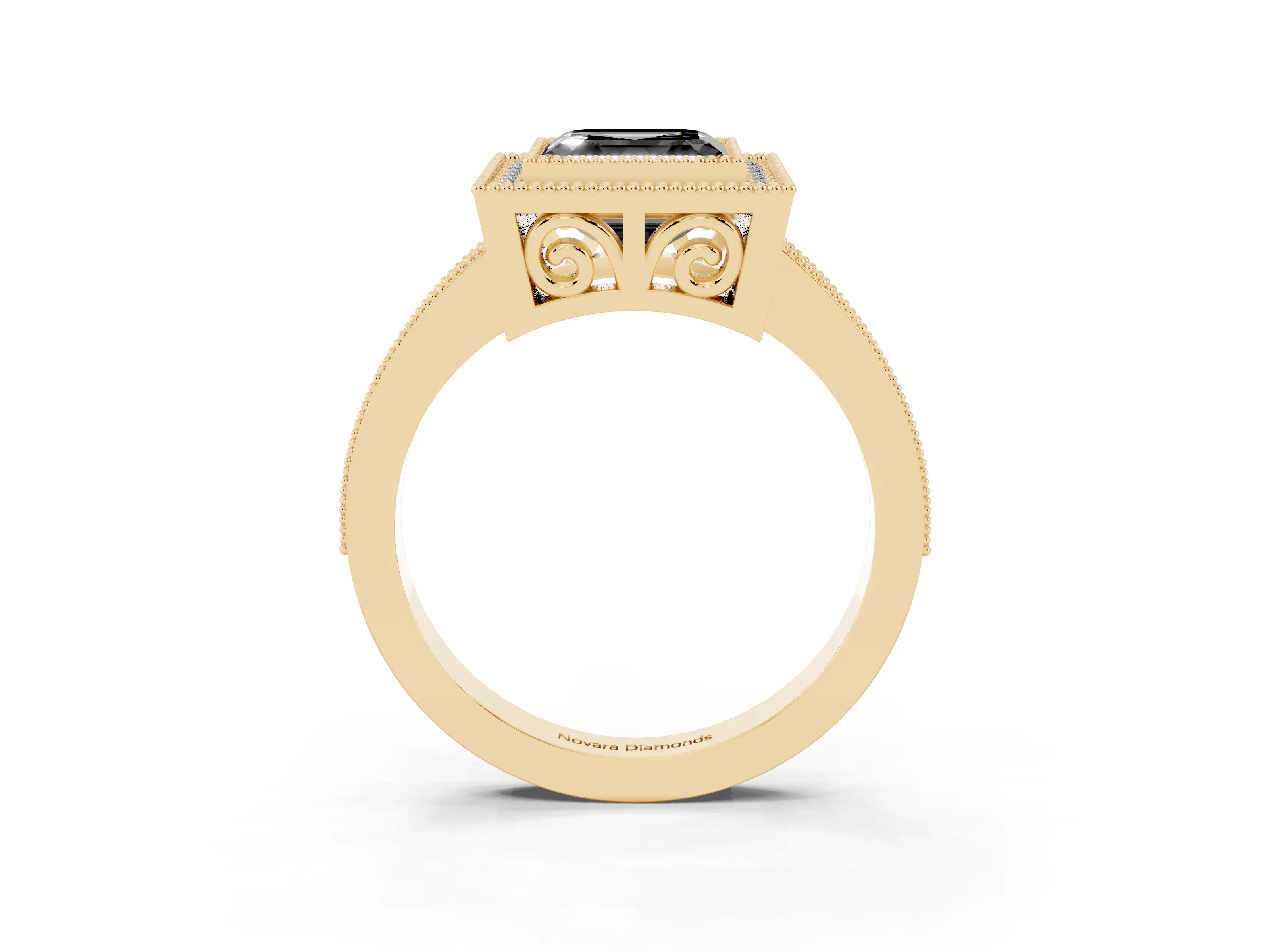 Fancy Black Asscher Cut Diamond Round Halo Ring Set in Yellow gold with Pavé Band