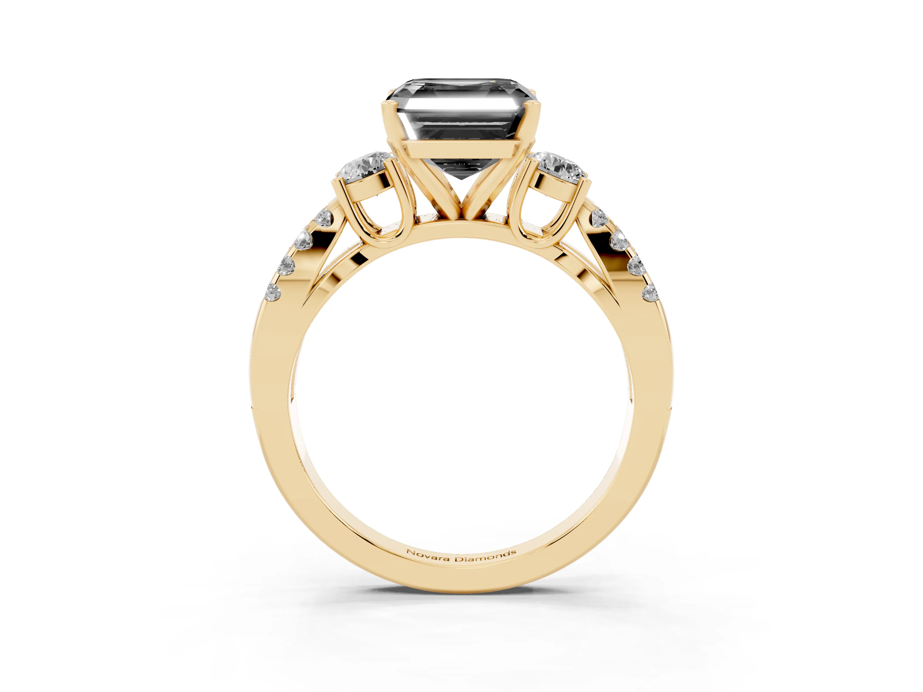 Fancy Black Asscher Cut Diamond Three-Stone Ring Set in Yellow gold with Pavé Split Shank and Prong Setting