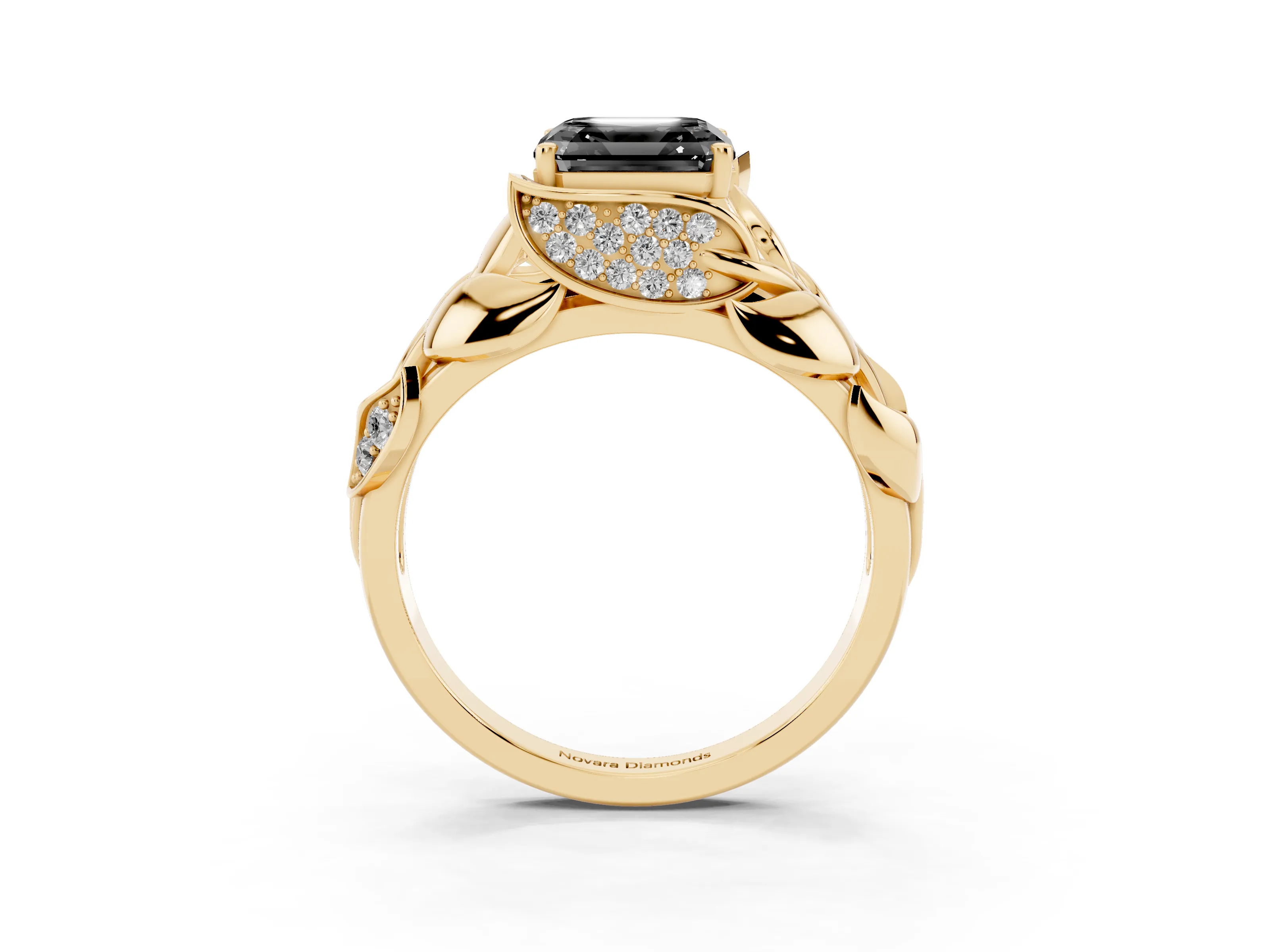 Fancy Black Asscher Cut Diamond Leaf-Inspired Engagement Ring Set in Yellow gold with Round Accents