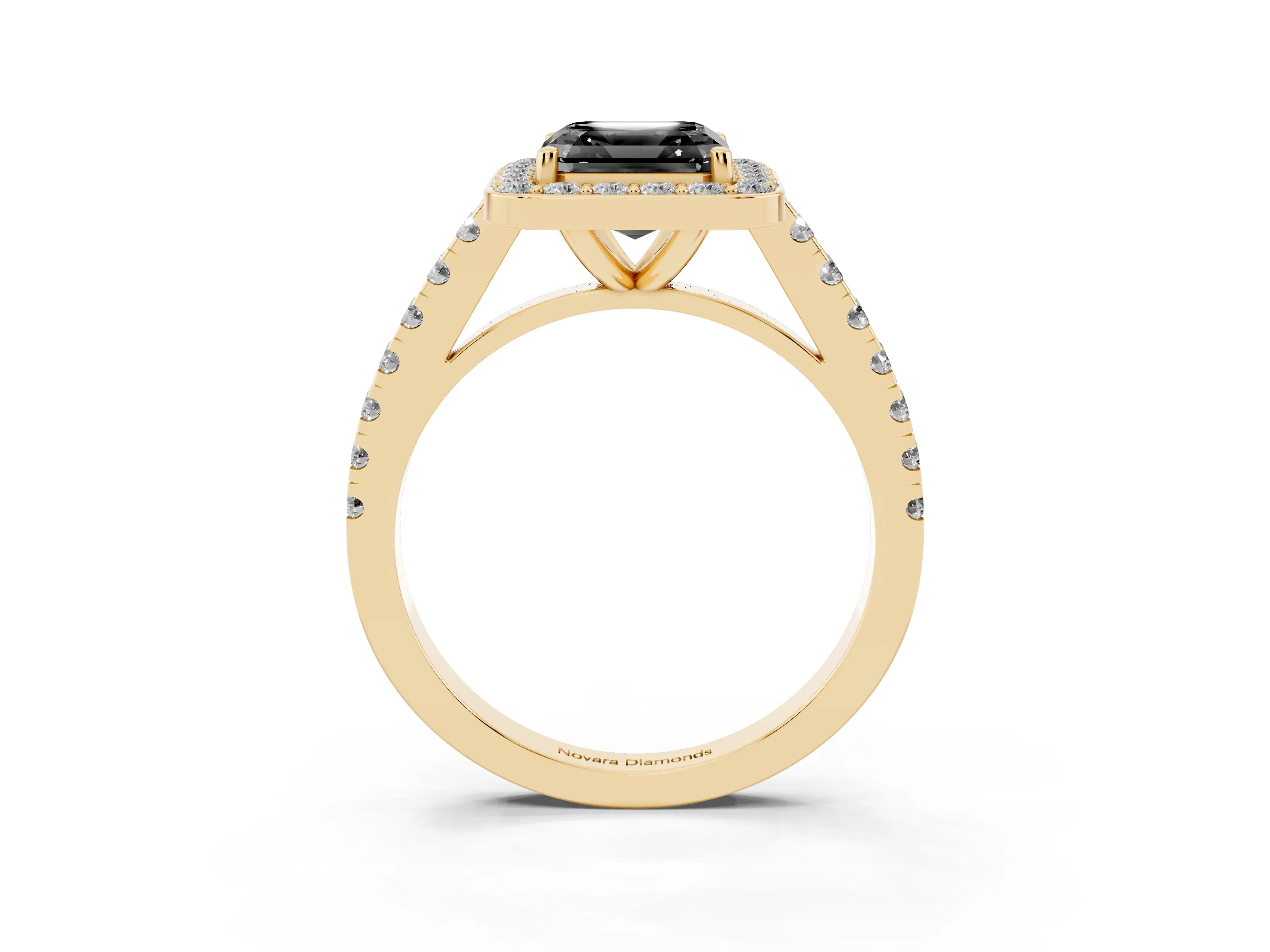 Fancy Black Asscher Cut Diamond Halo Ring Set in Yellow gold with Round Pavé Split Shank and Prong Setting