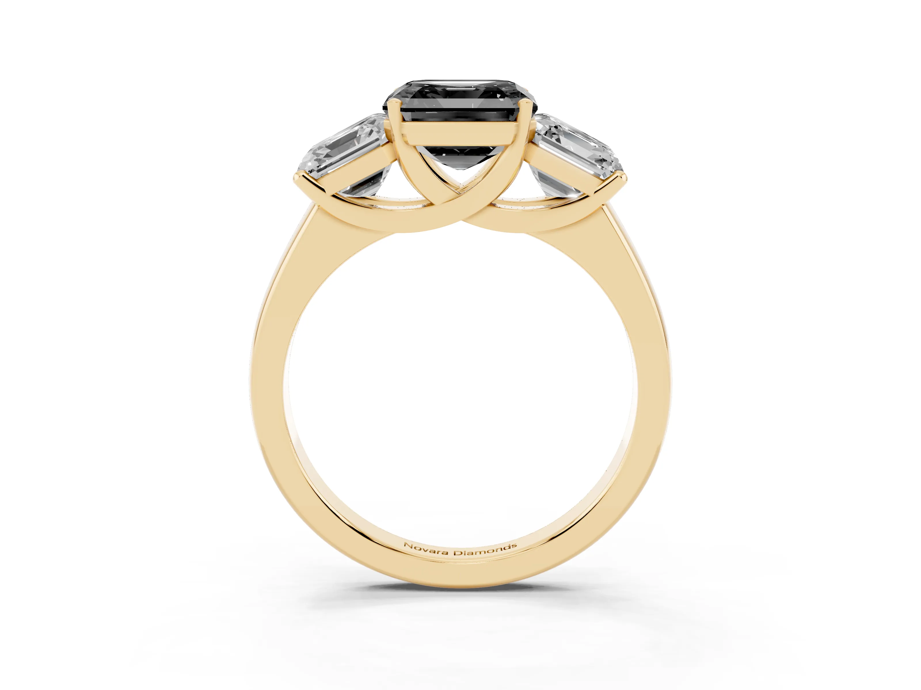 Fancy Black Asscher Cut Diamond Three-Stone Ring Set in Yellow gold with Classic Prong Setting and Plain Band