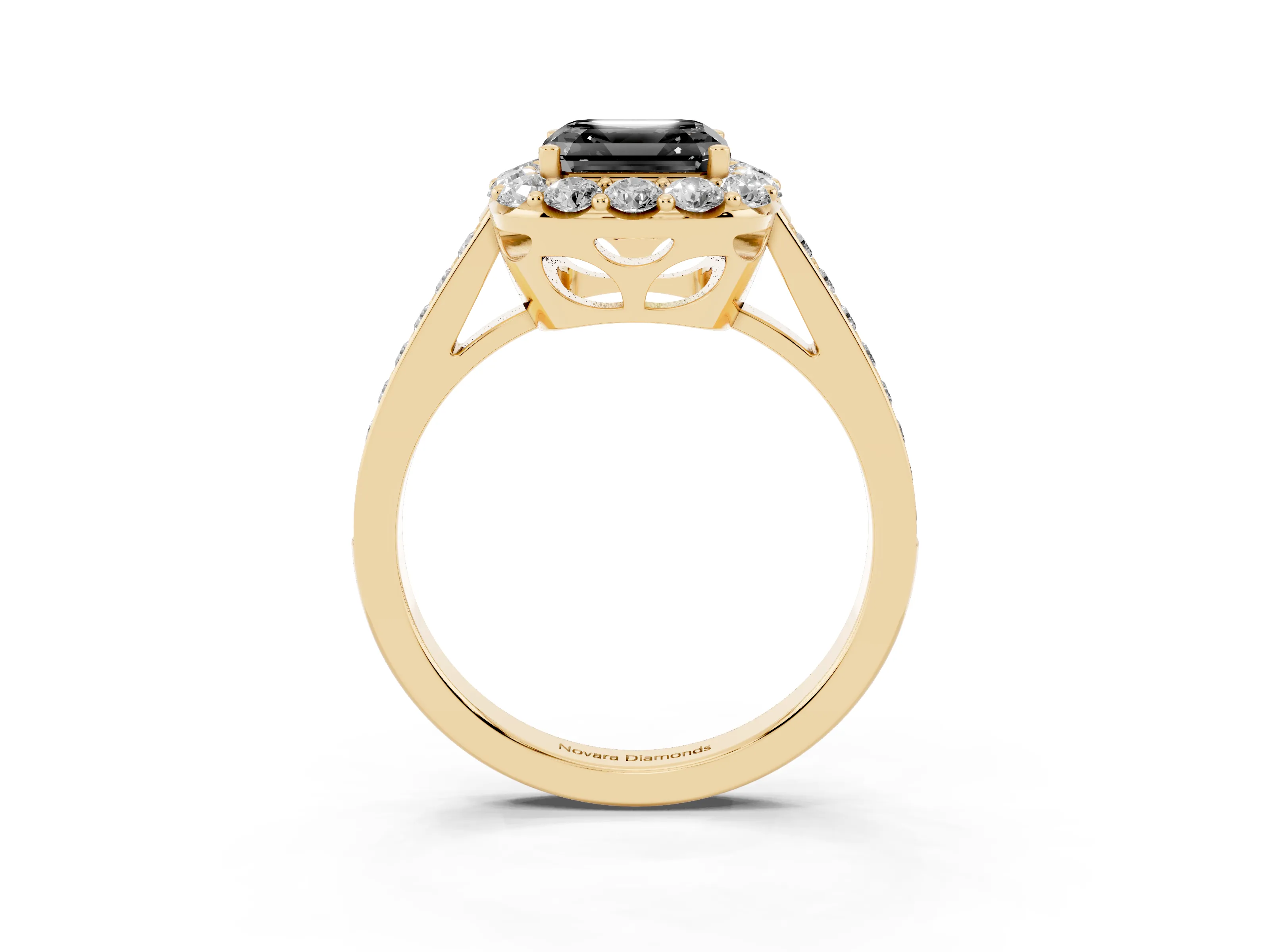 Fancy Black Asscher Cut Diamond Floral Halo Ring Set in Yellow gold with Pavé Band and Prong Setting