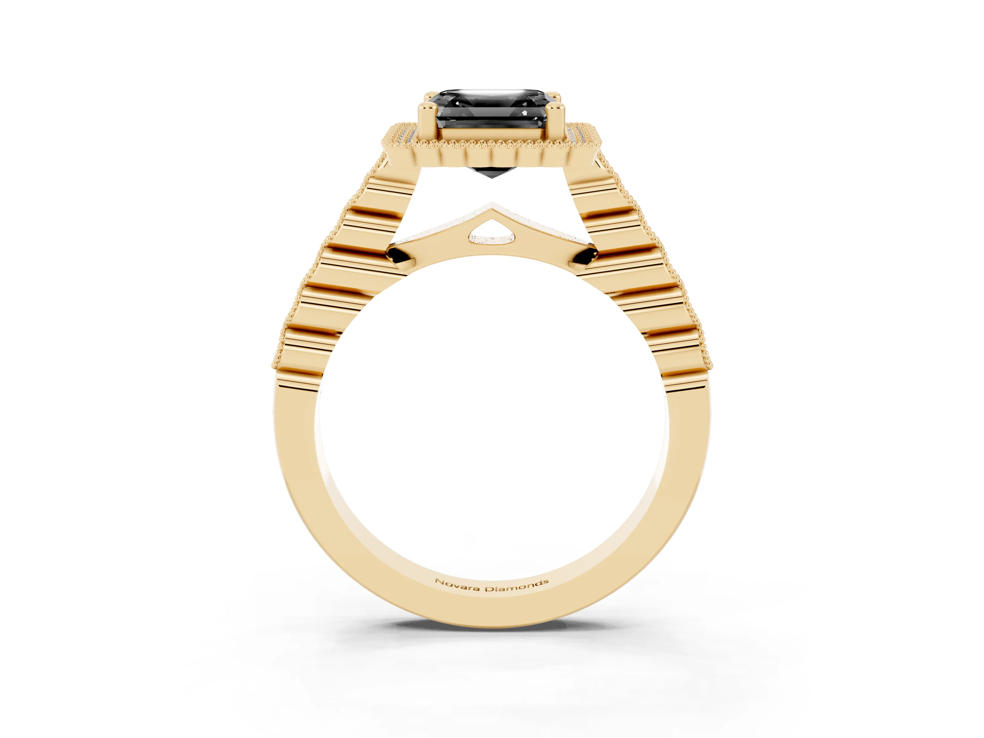Fancy Black Asscher Cut Diamond Halo Ring Set in Yellow gold with Pavé Milgrain Band