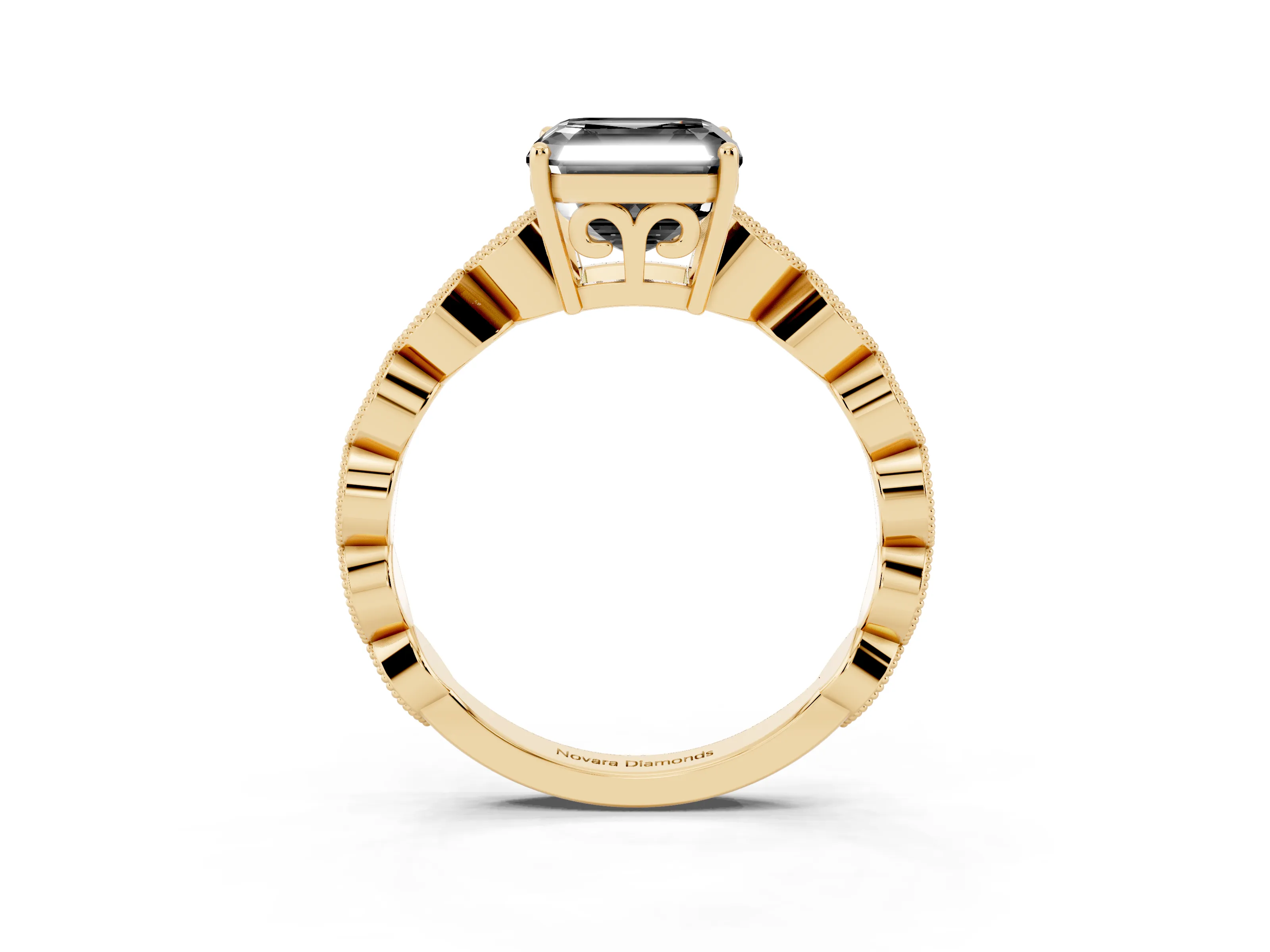 Fancy Black Asscher Cut Diamond Solitaire Ring Set in Yellow gold with Infinity Twist Pavé Band