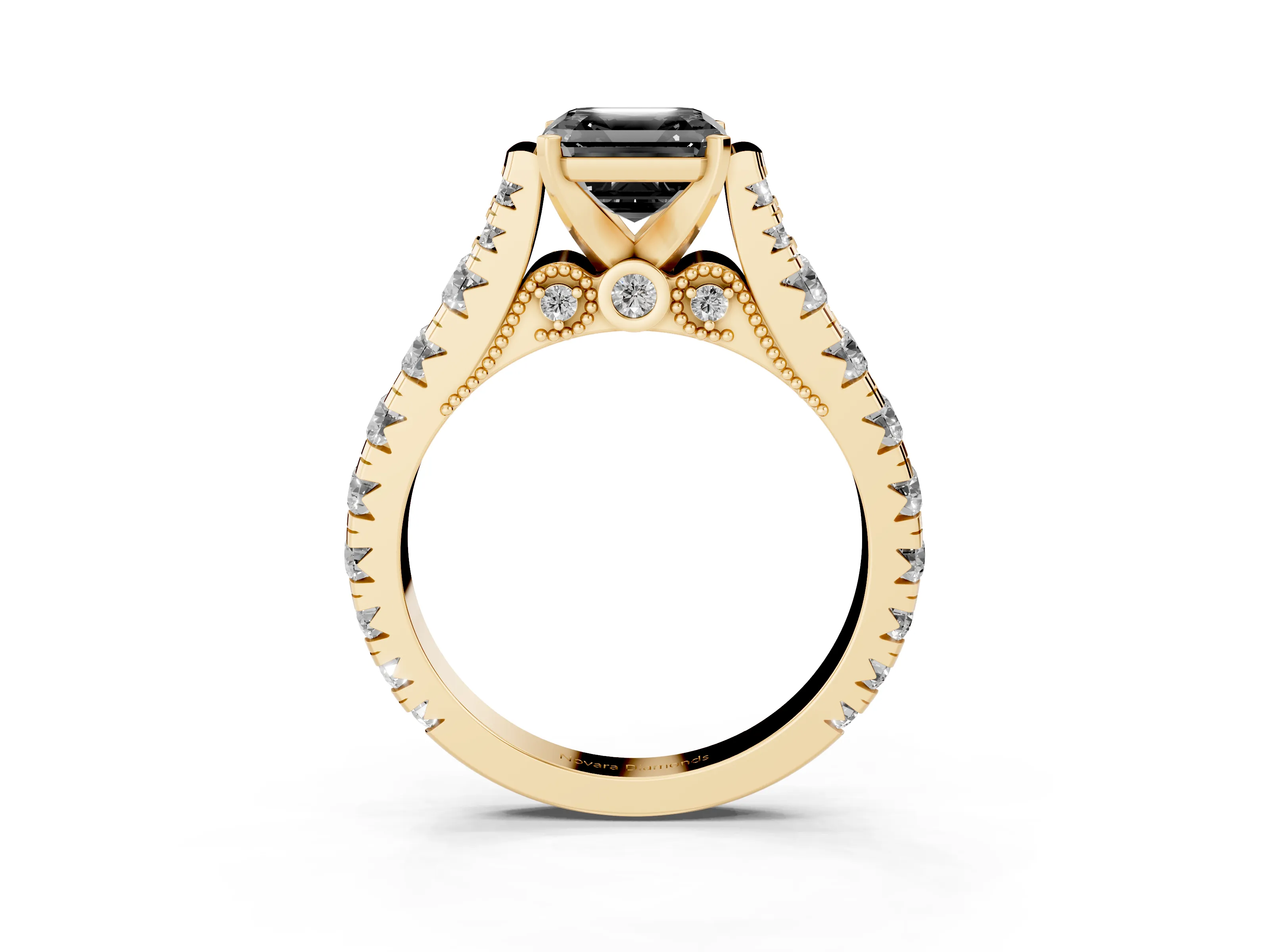 Fancy Black Asscher Cut Diamond Classic Solitaire Ring Set in Yellow gold with Pavé Band and Prong Setting