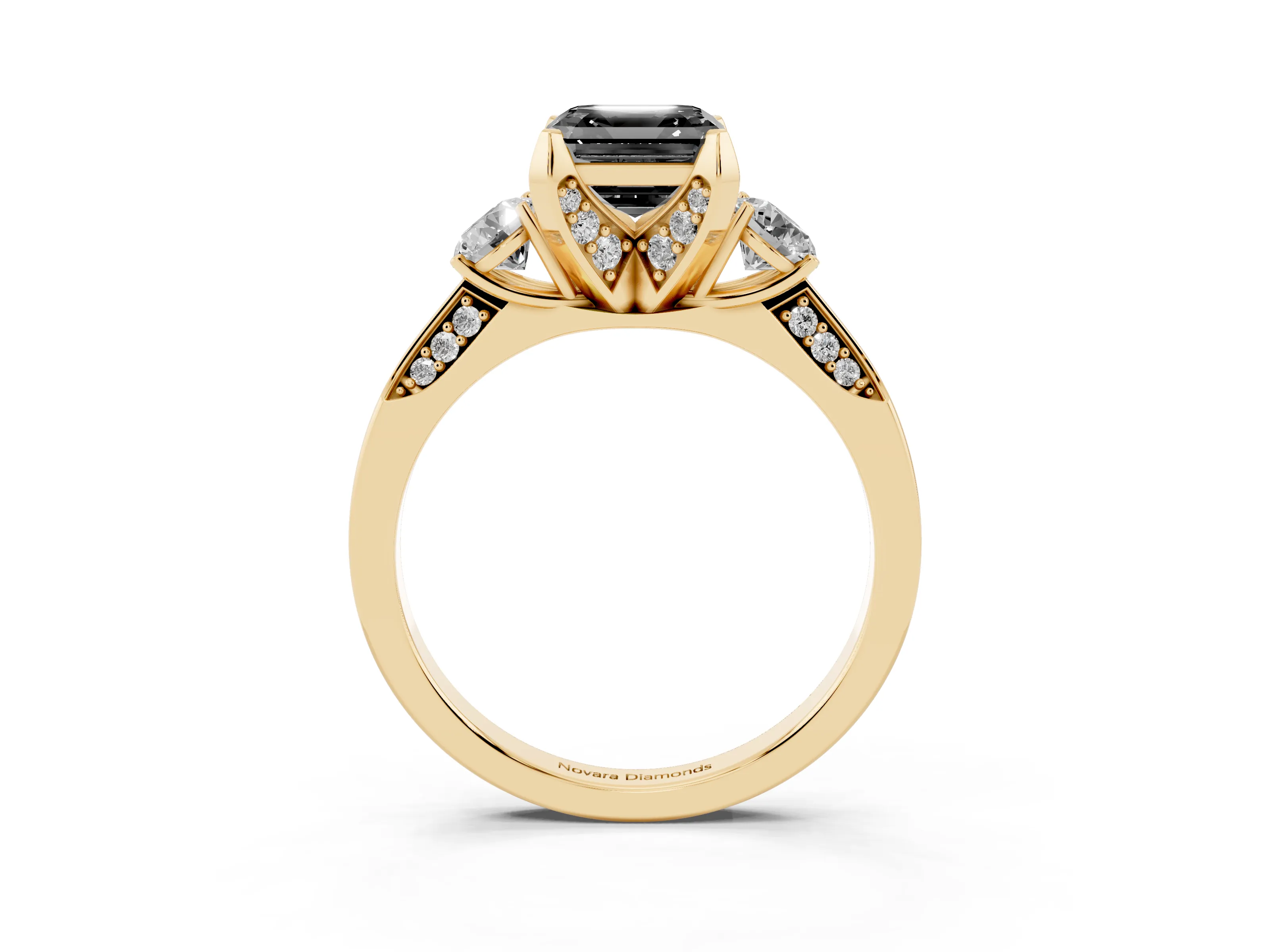 Fancy Black Asscher Cut Diamond Three-Stone Ring Set in Yellow gold with Pavé Band and Smaller Side Stones