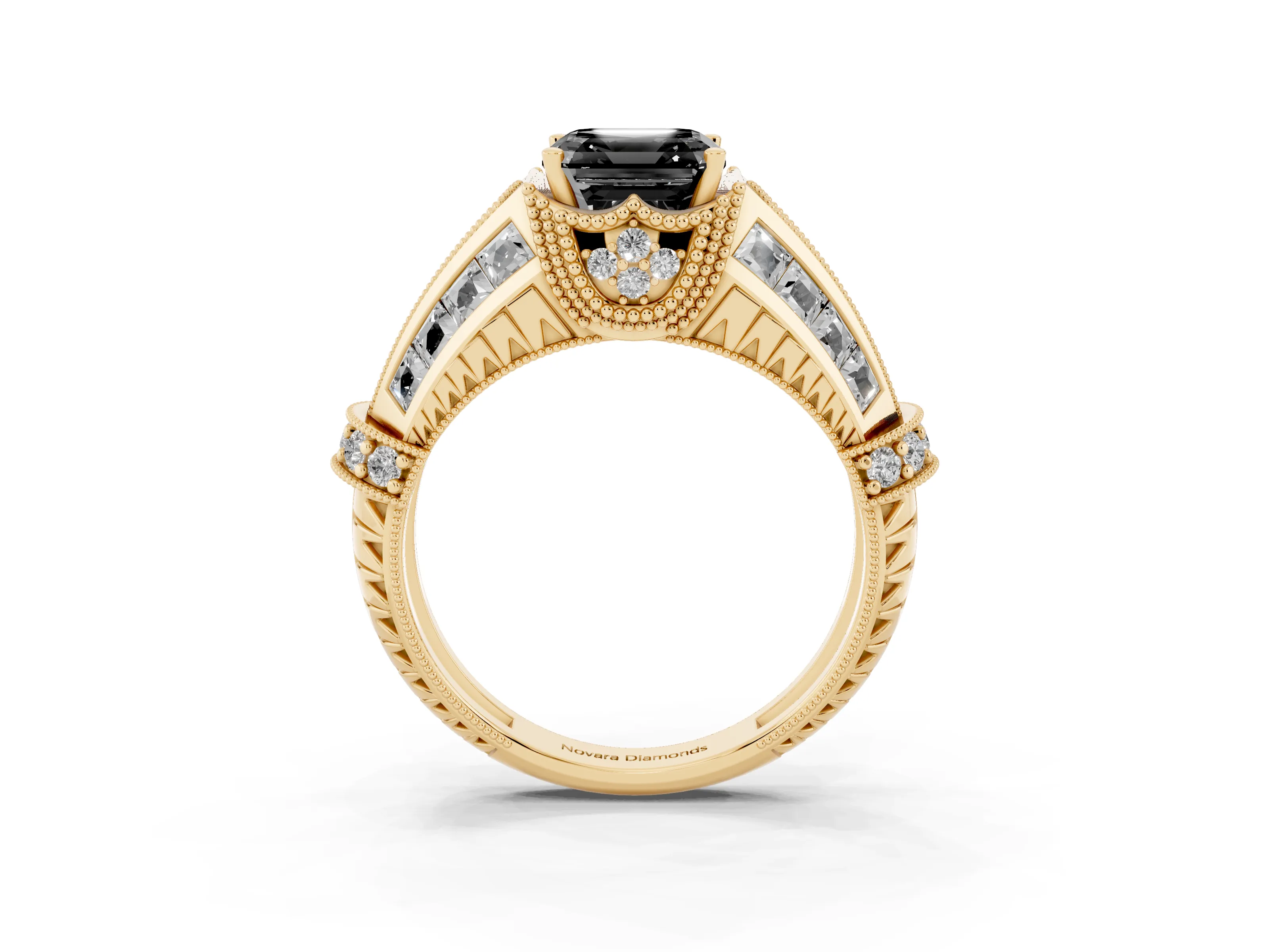 Fancy Black Asscher Cut Diamond Vintage-Inspired Milgrain Ring Set in Yellow gold with Accent Split Shank