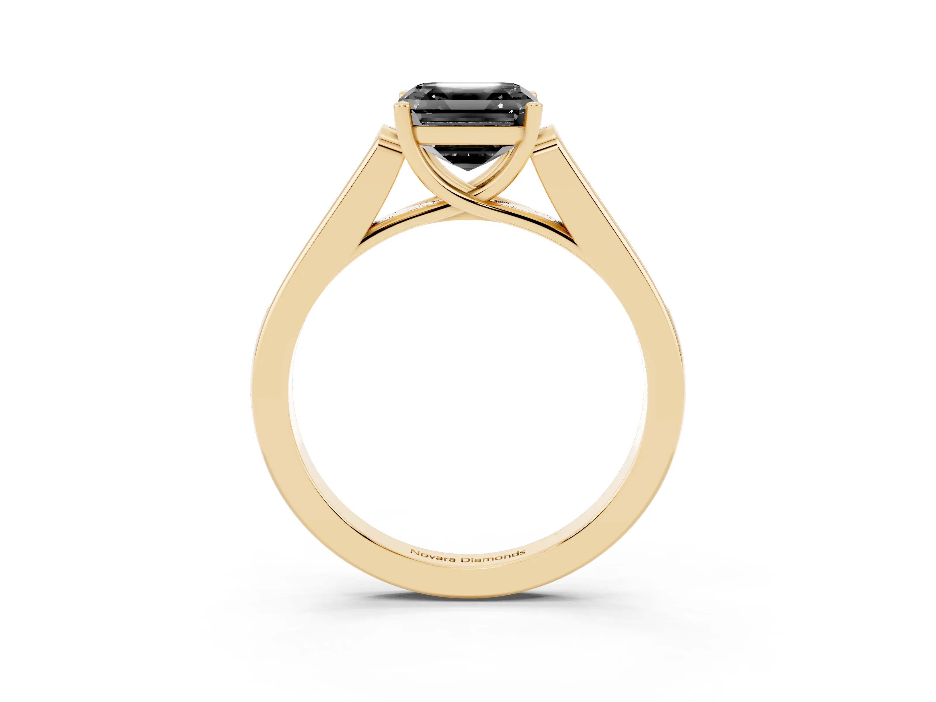 Fancy Black Asscher Cut Diamond Solitaire Cathedral Engagement Ring Set in Yellow gold with Channel-Set Band and Prong Setting