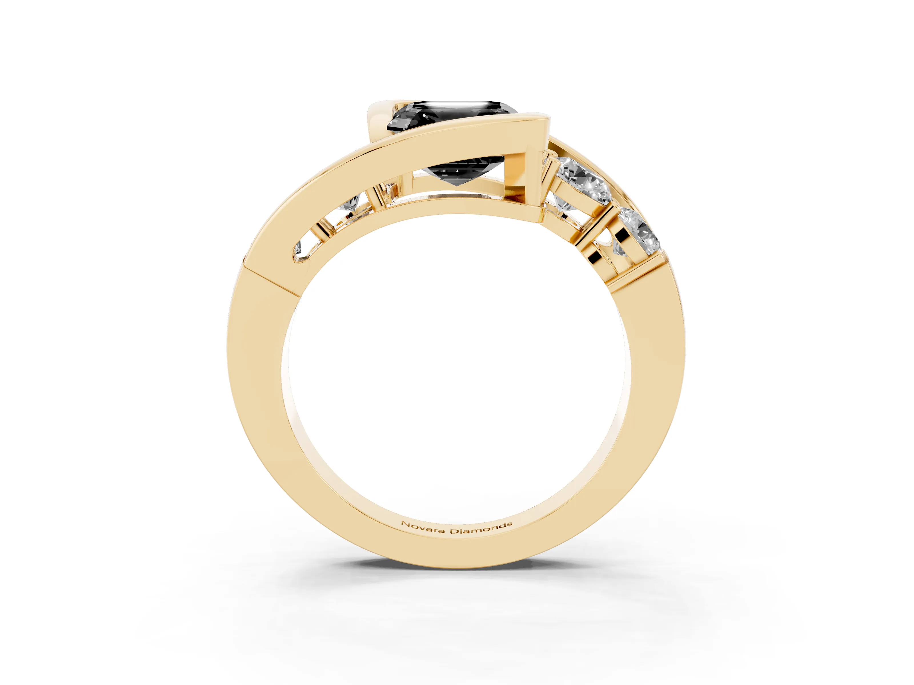 Fancy Black Asscher Cut Diamond Bezel Bypass Ring Set in Yellow gold with Round Accents