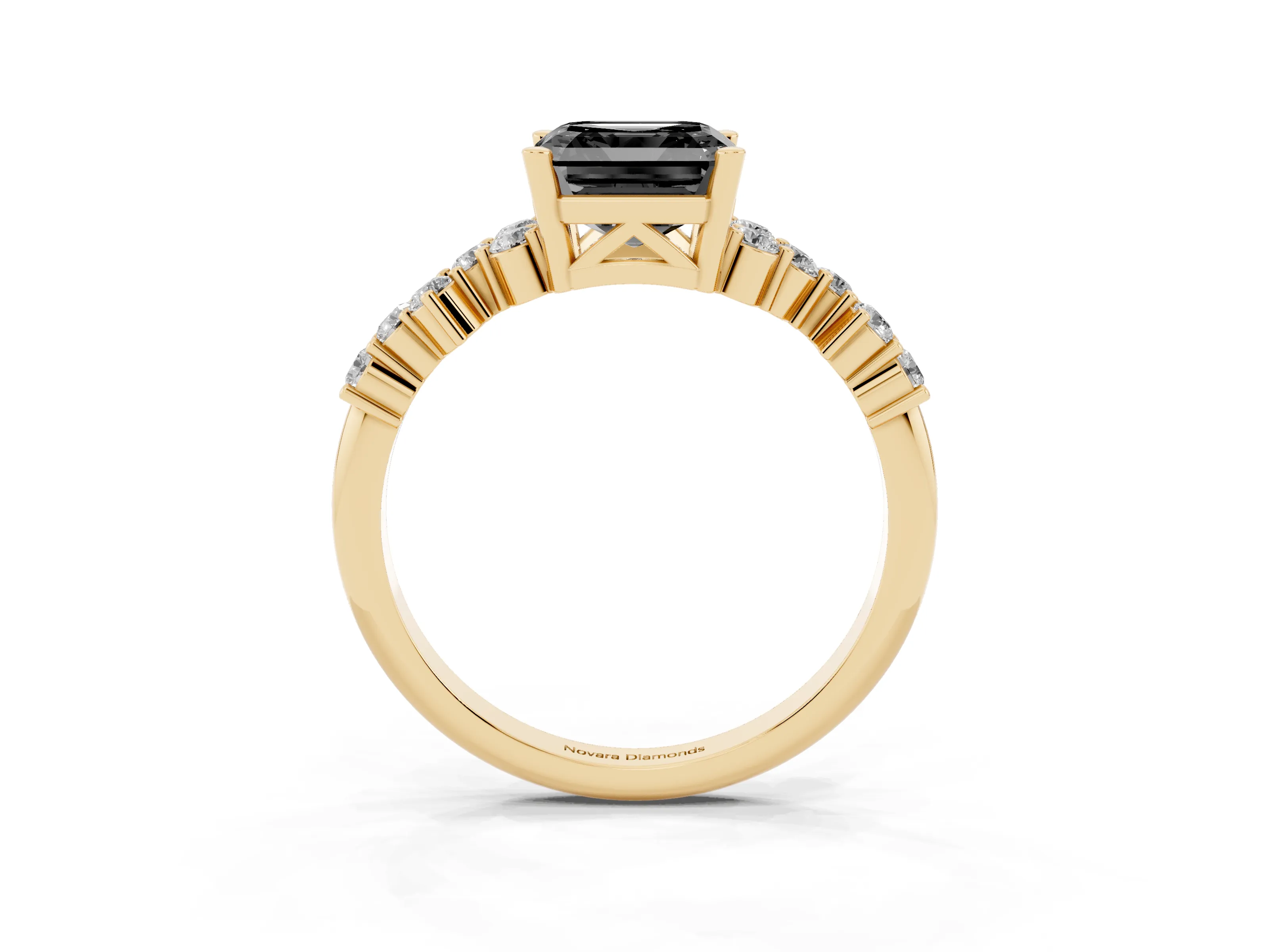 Fancy Black Asscher Cut Diamond Ring Set in Yellow gold with Scattered Round Accents
