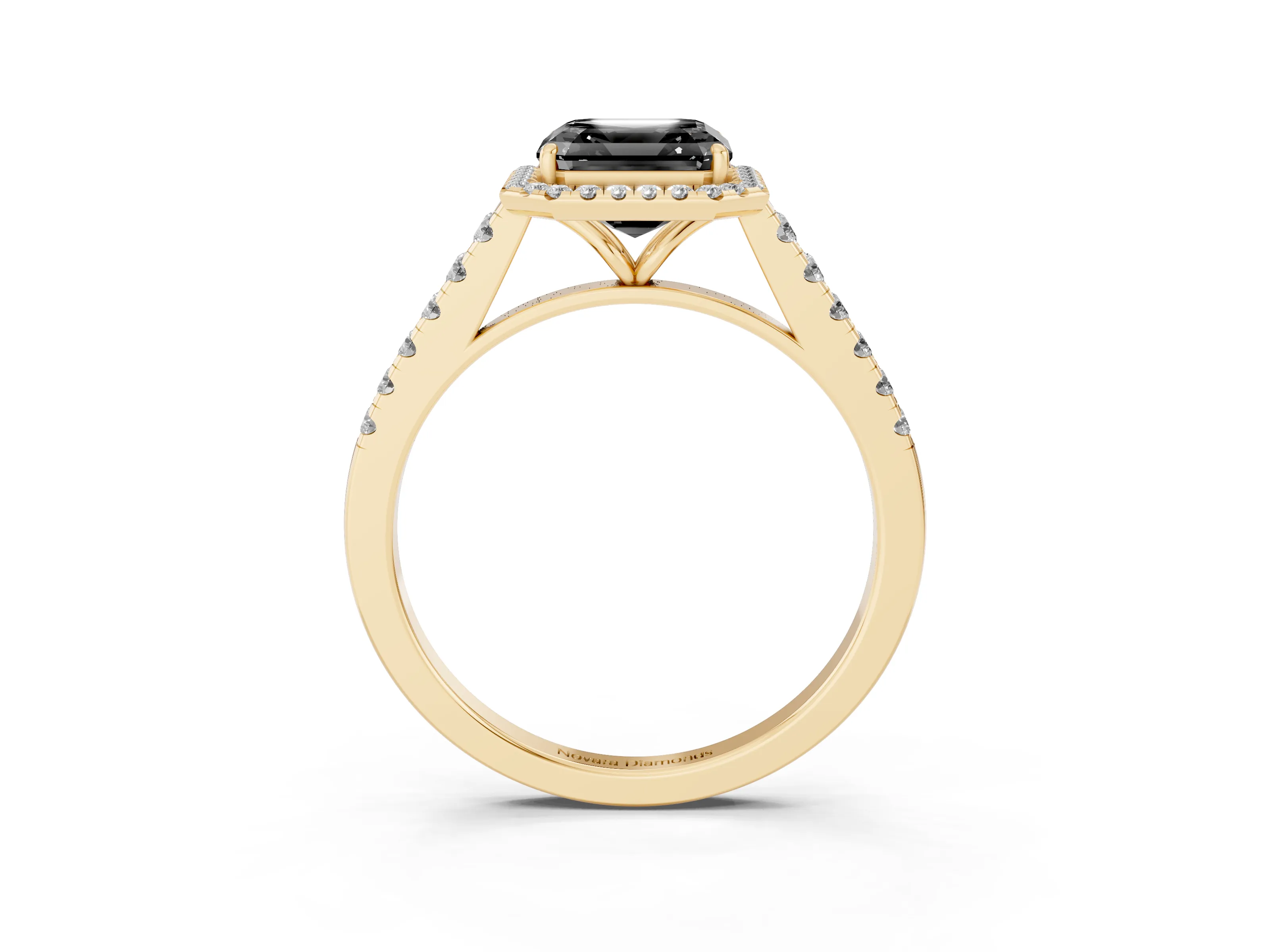 Fancy Black Asscher Cut Diamond Halo Pavé Engagement Ring Set in Yellow gold with Prong Setting