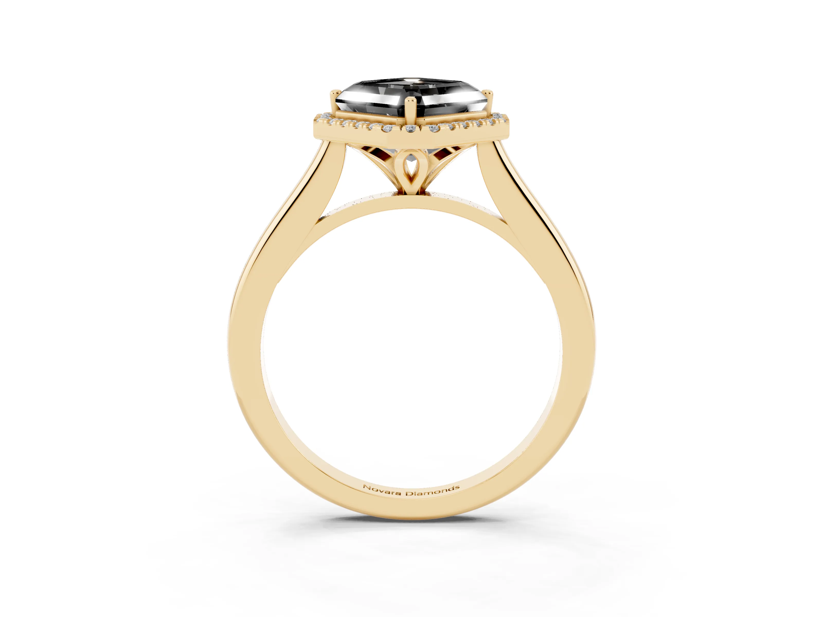 Fancy Black Asscher Cut Diamond Halo Engagement Ring Set in Yellow gold with Pavé Band and Rising Shoulders