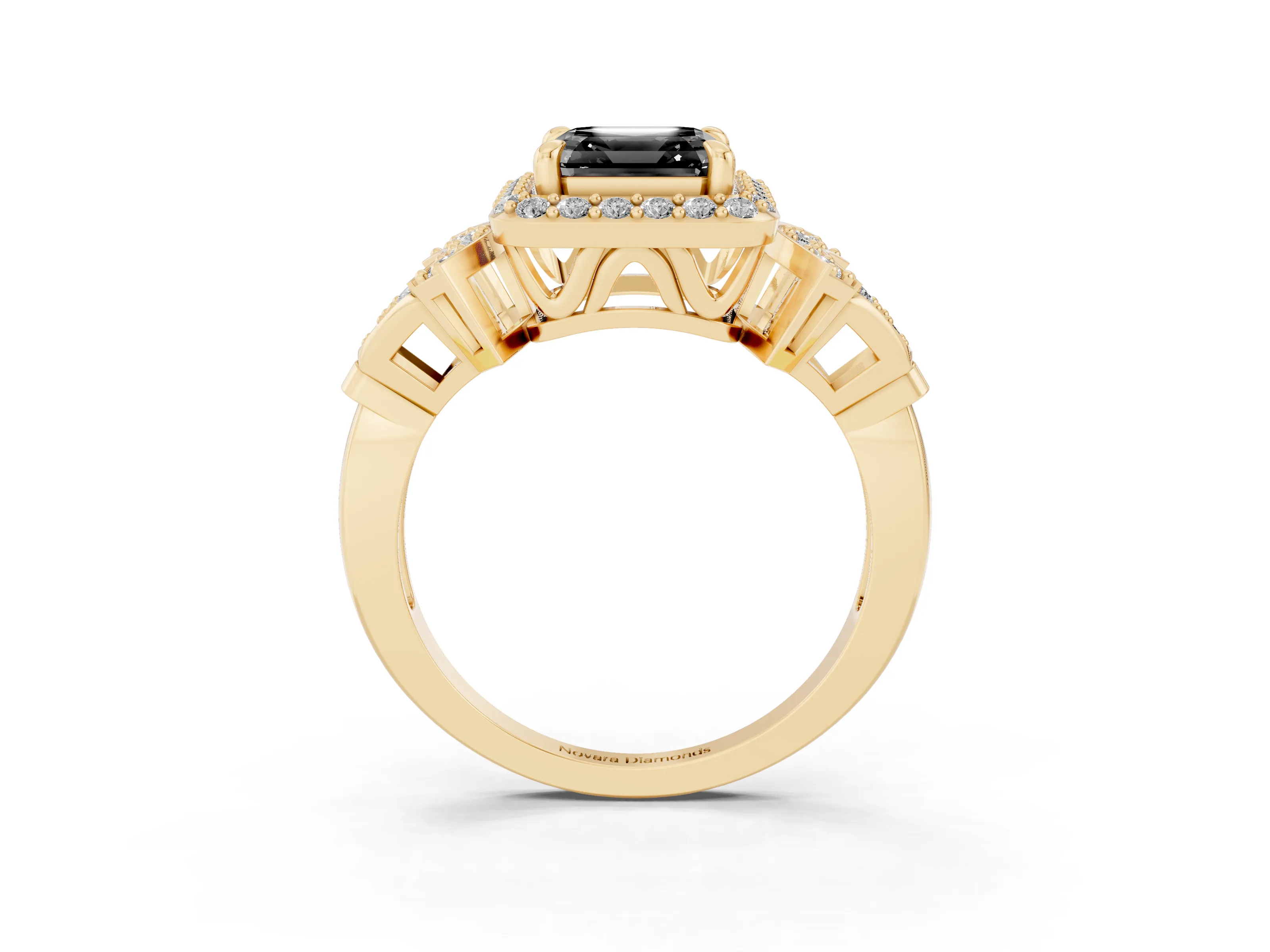 Fancy Black Asscher Cut Diamond Halo Engagement Ring Set in Yellow gold with Accent Stone Split Shank