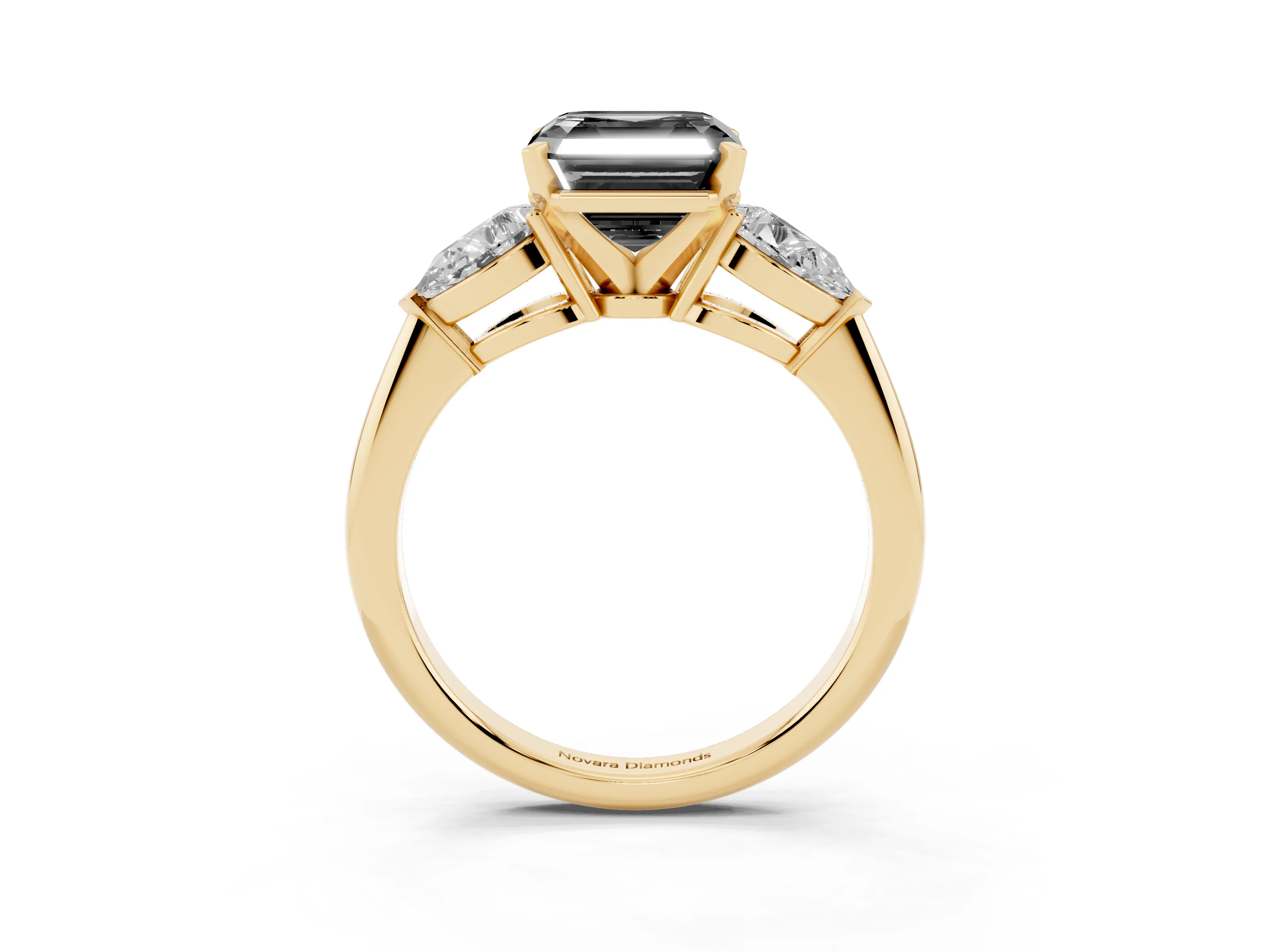 Fancy Black Three-Stone Asscher Cut Diamond Ring Set in Yellow gold with Pear Side Stones and Prong Setting