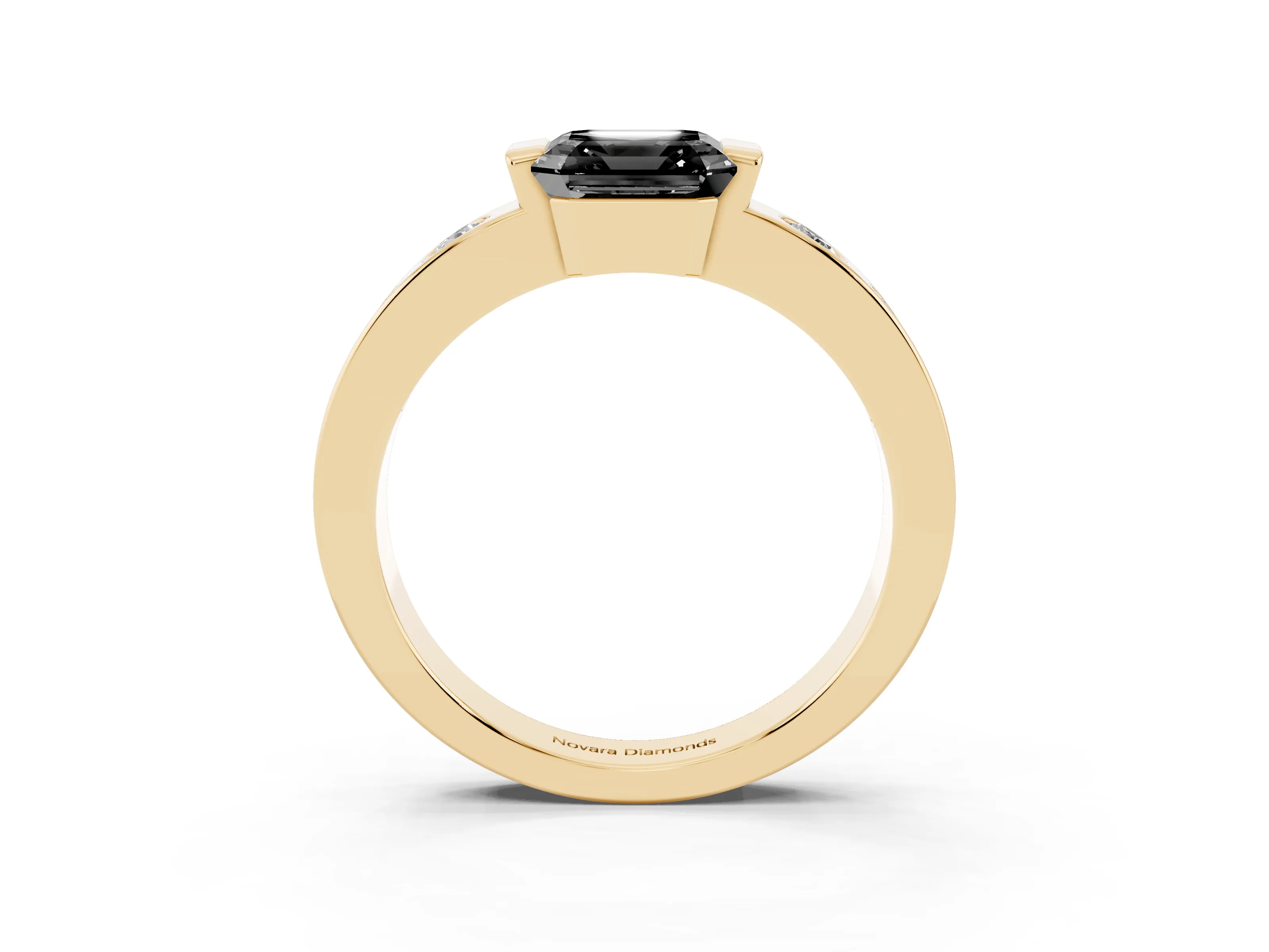 Fancy Black Asscher Cut Diamond Channel-Set Band Ring Set in Yellow gold with Bezel Prong Setting