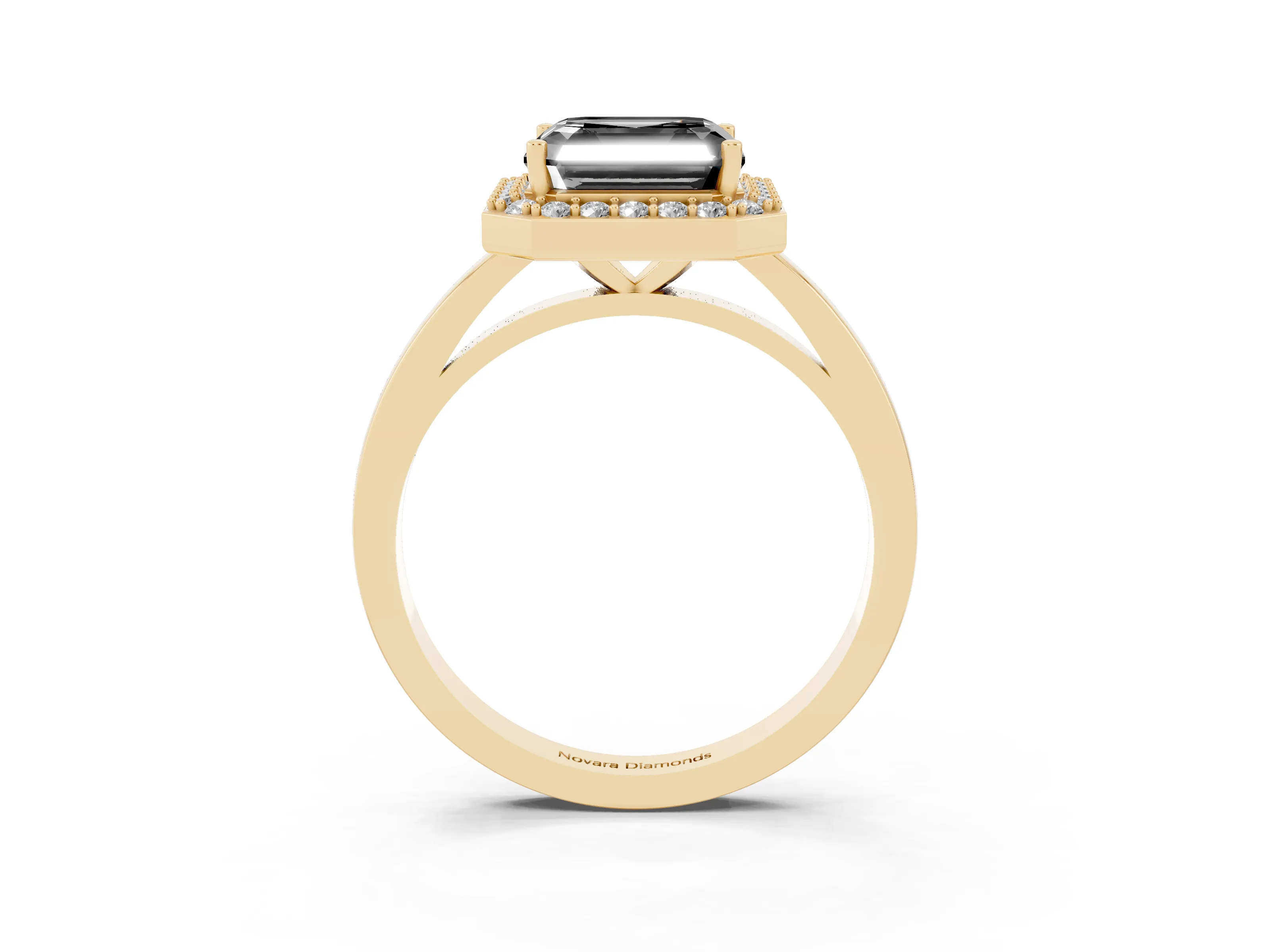 Fancy Black Asscher Cut Diamond Halo Ring Set in Yellow gold with Solitaire Band and Prong Setting
