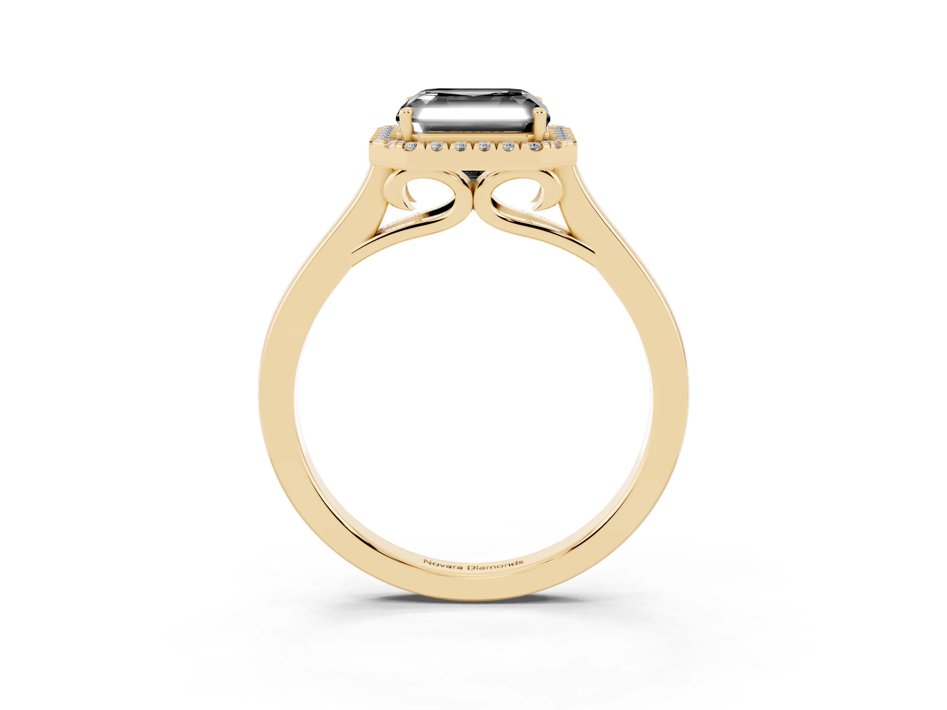 Fancy Black Asscher Cut Halo Round Diamond Solitaire Ring Set in Yellow gold with Pavé Band and Prong Setting