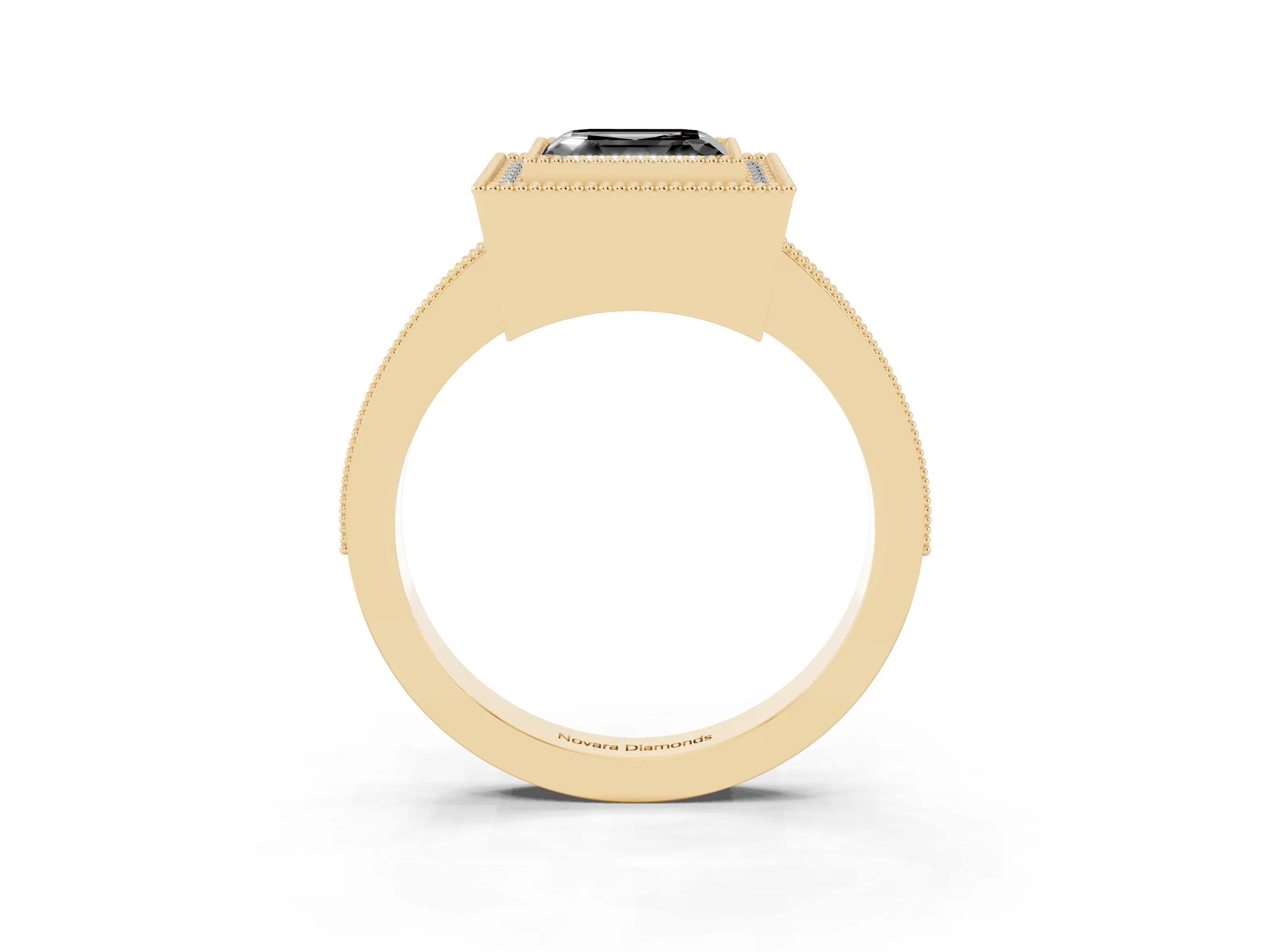 Fancy Black Asscher Cut Diamond Halo Engagement Ring Set in Yellow gold with Pavé Band and Round Halo Stones
