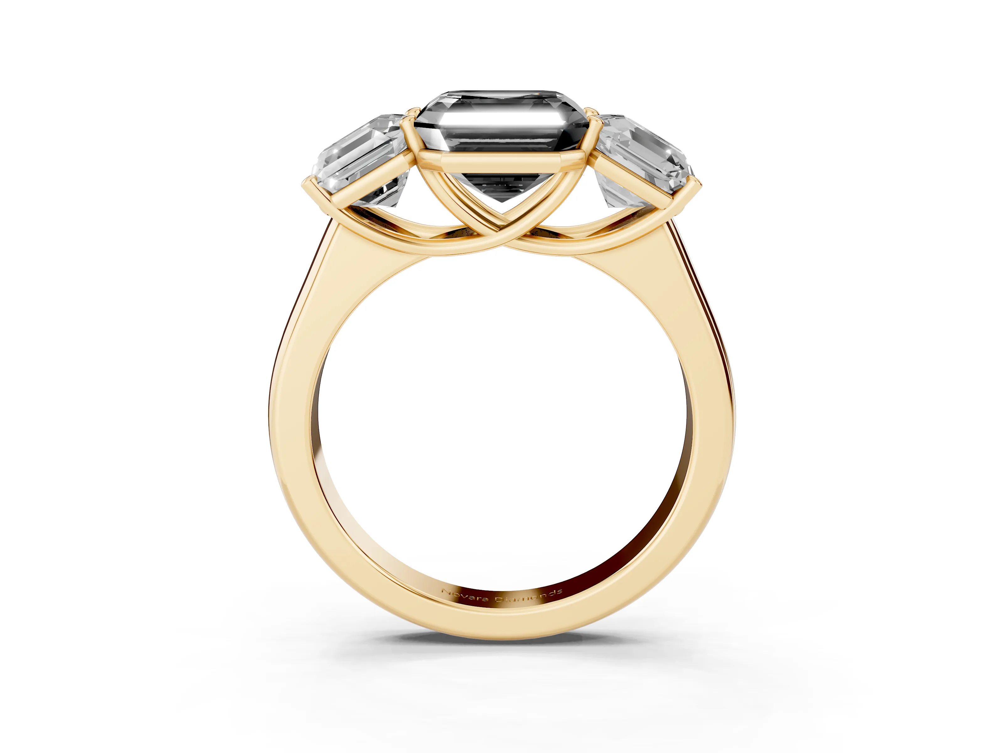 Fancy Black Asscher Cut Diamond Three-Stone Ring Set in Yellow gold with Plain Polished Band