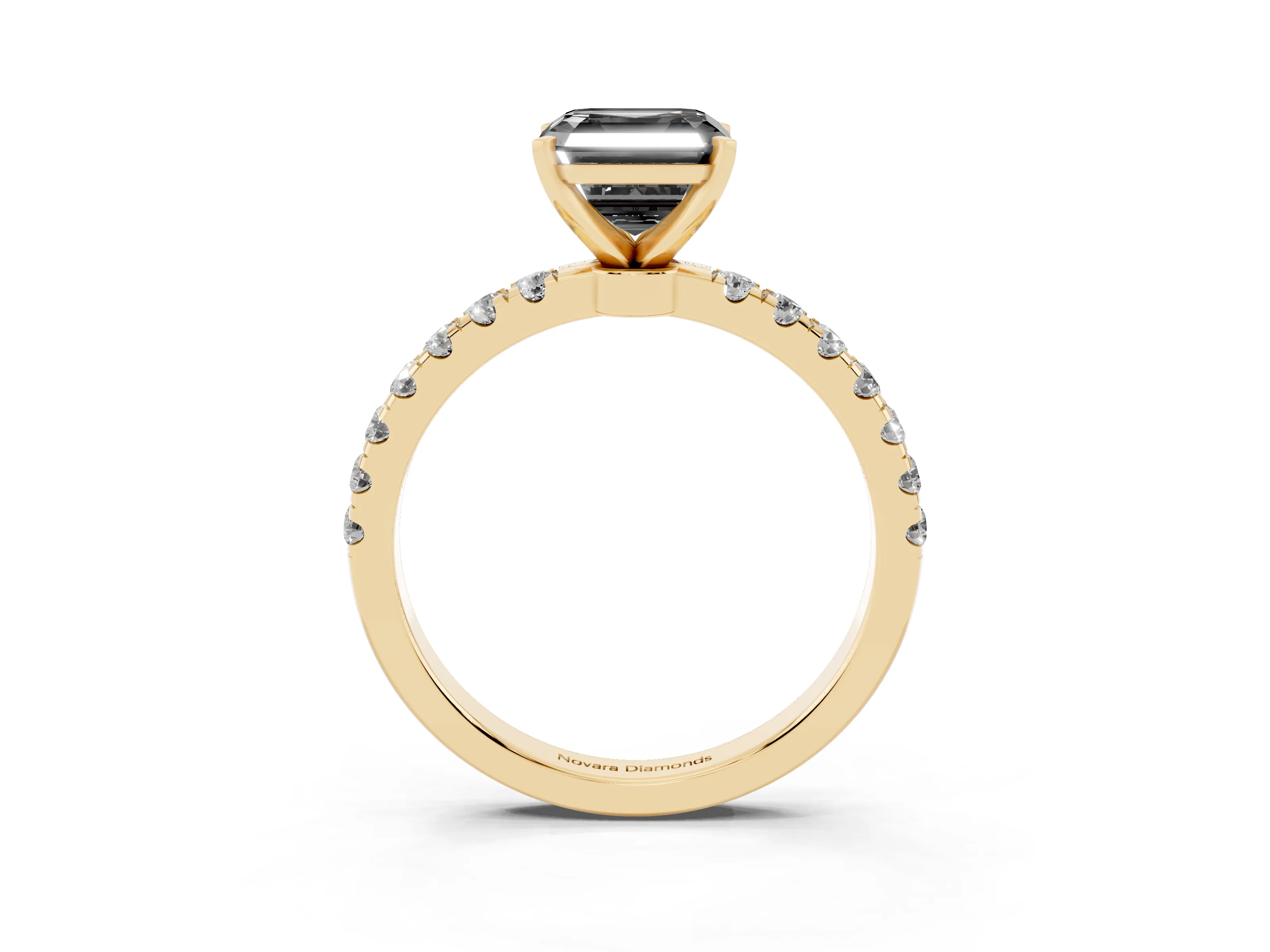 Fancy Black Asscher Cut Diamond Solitaire Ring Set in Yellow gold with Pavé Accents and Prong Setting