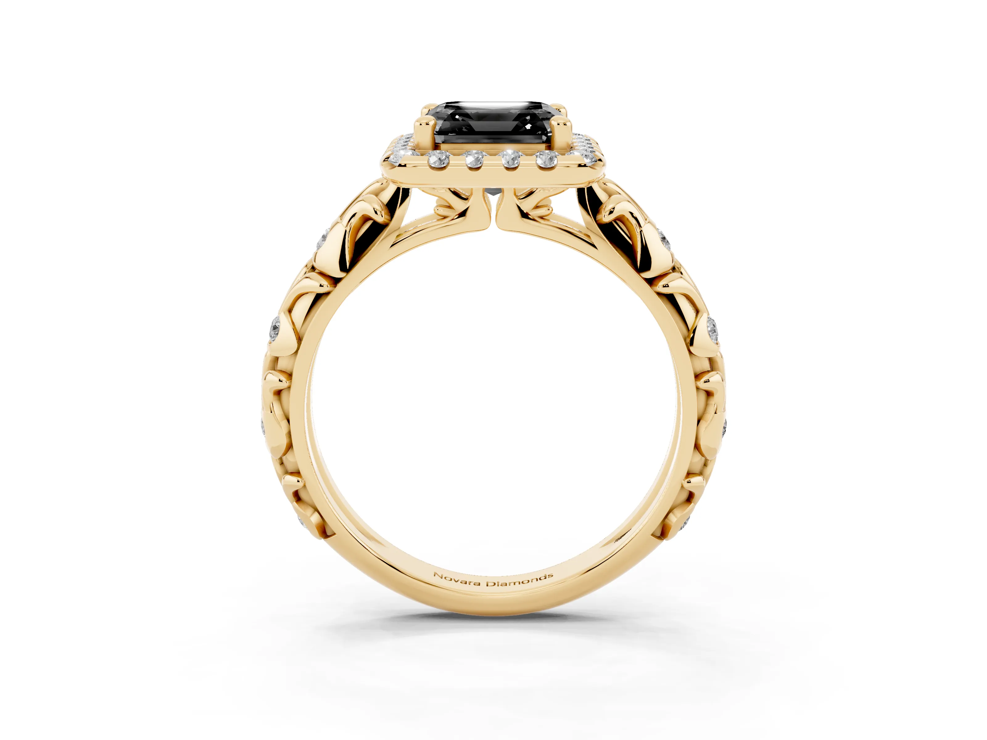 Fancy Black Asscher Cut Diamond Halo Ring Set in Yellow gold with Filigree Leaf Band and Prong Setting