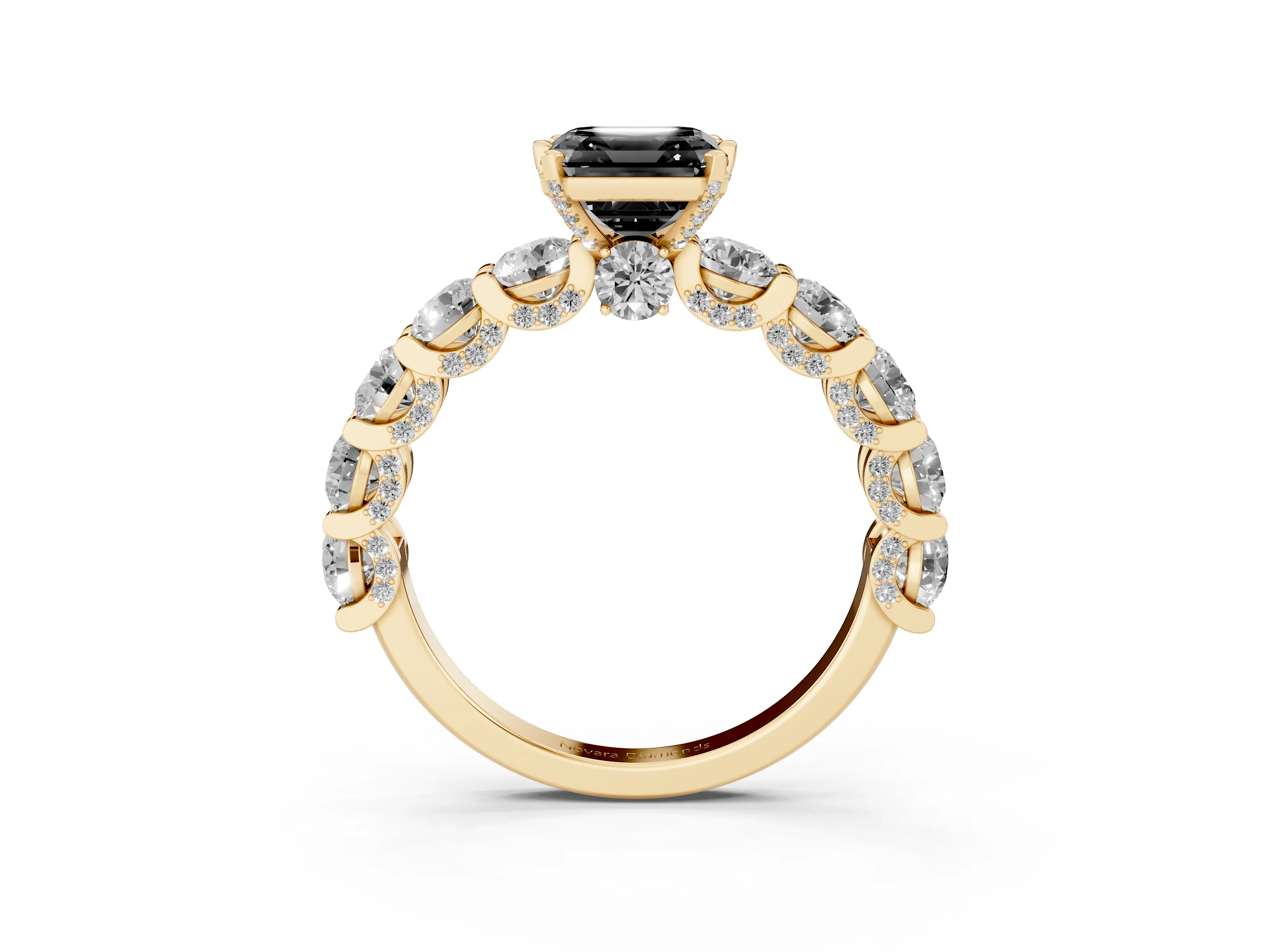 Fancy Black Asscher Cut Diamond Side Stone Ring Set in Yellow gold with Alternating Round and Oval Side Stones