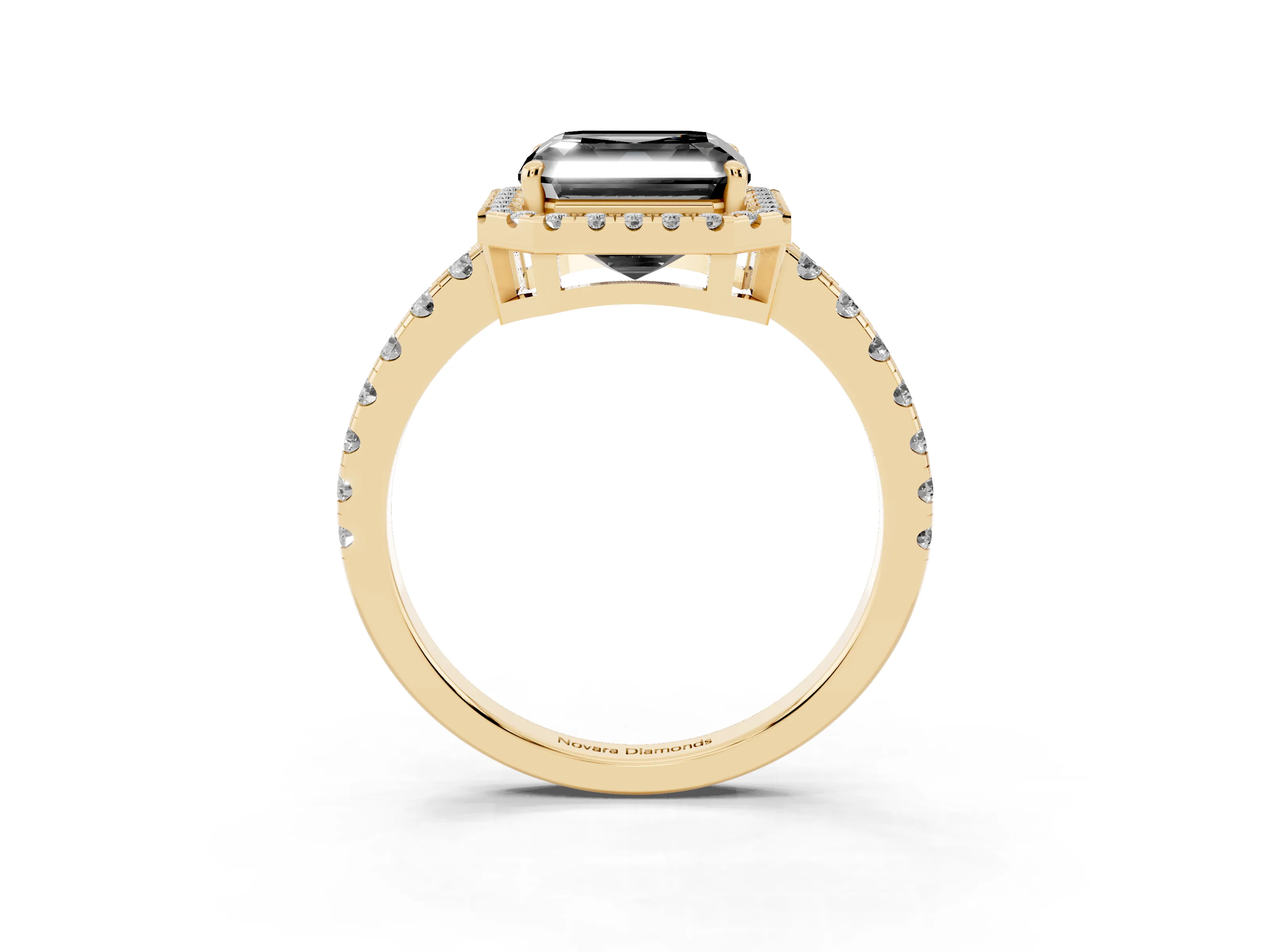 Fancy Black Asscher Cut Diamond Halo Ring Set in Yellow gold with Delicate Pavé Band and Prong Setting