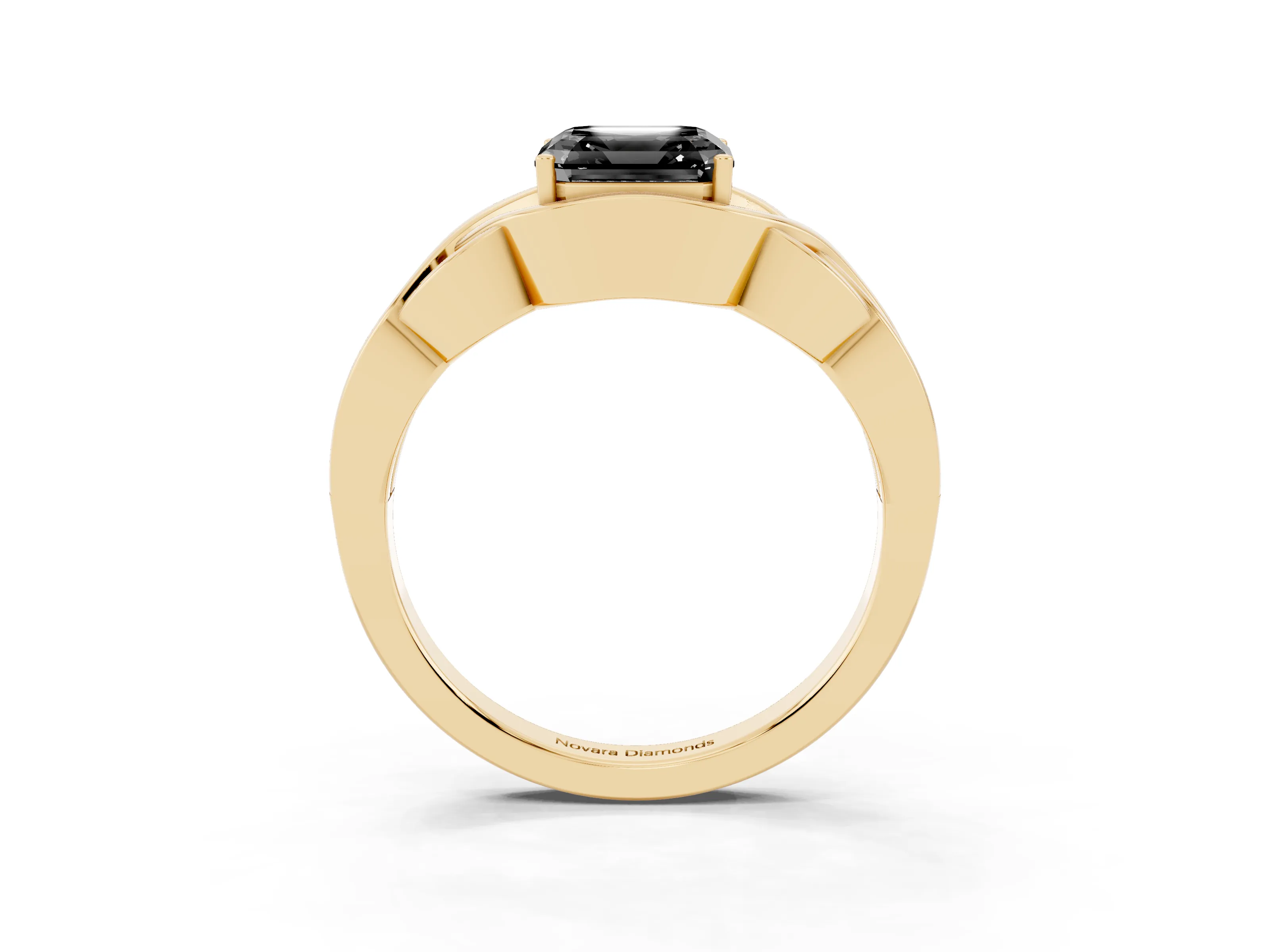 Fancy Black Asscher Cut Diamond Solitaire Ring Set in Yellow gold with Intertwined Band