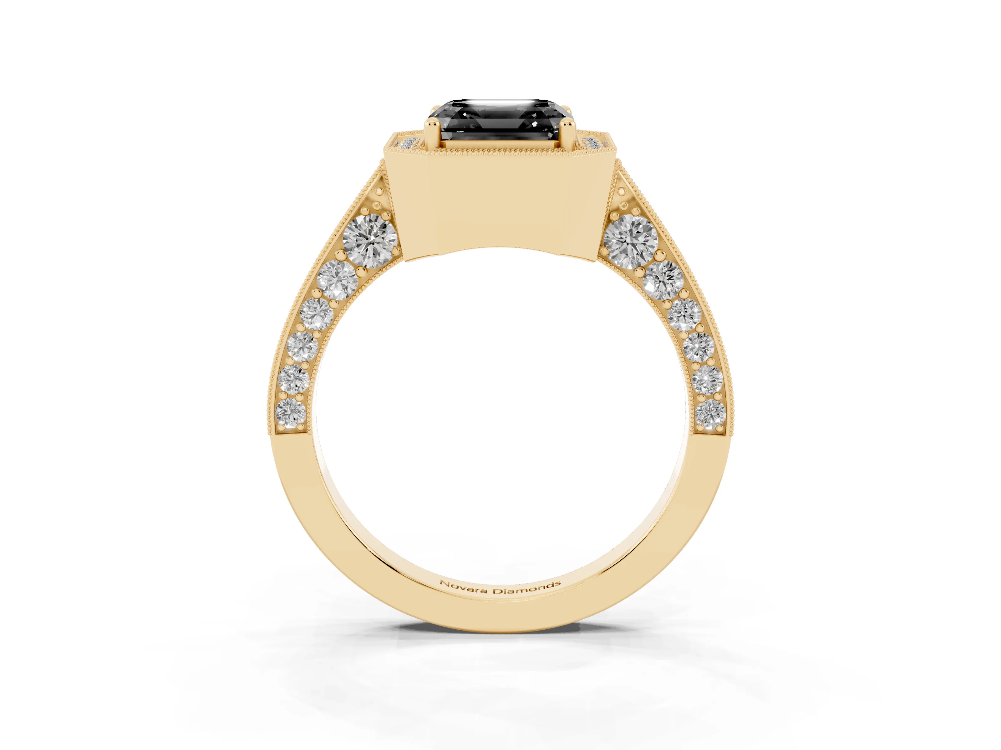 Fancy Black Asscher Cut Diamond Halo Engagement Ring Set in Yellow gold with Accent Split Shank Band