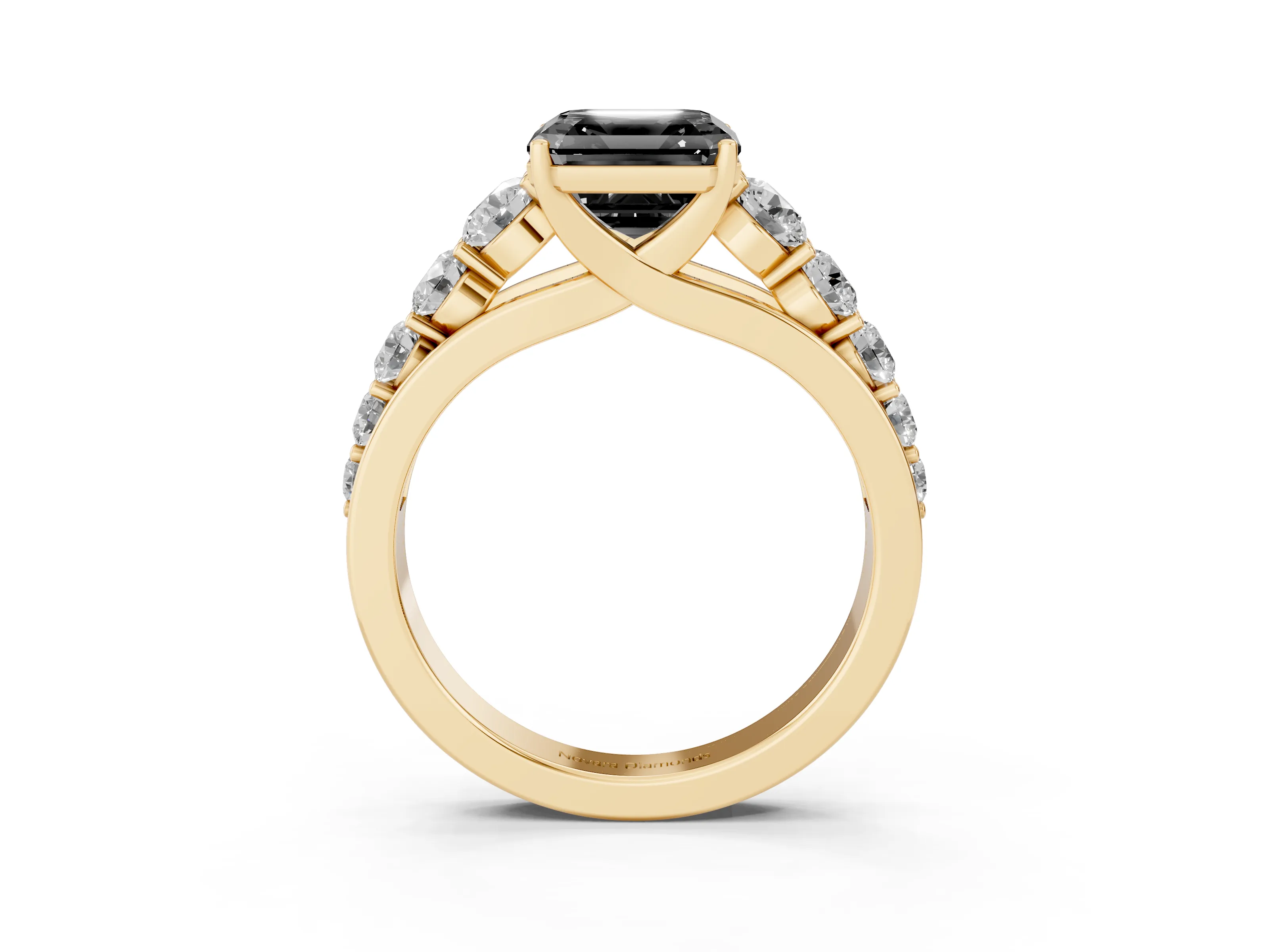 Fancy Black Asscher Cut Diamond Solitaire Ring Set in Yellow gold with Pavé-Set Band and Prong Setting