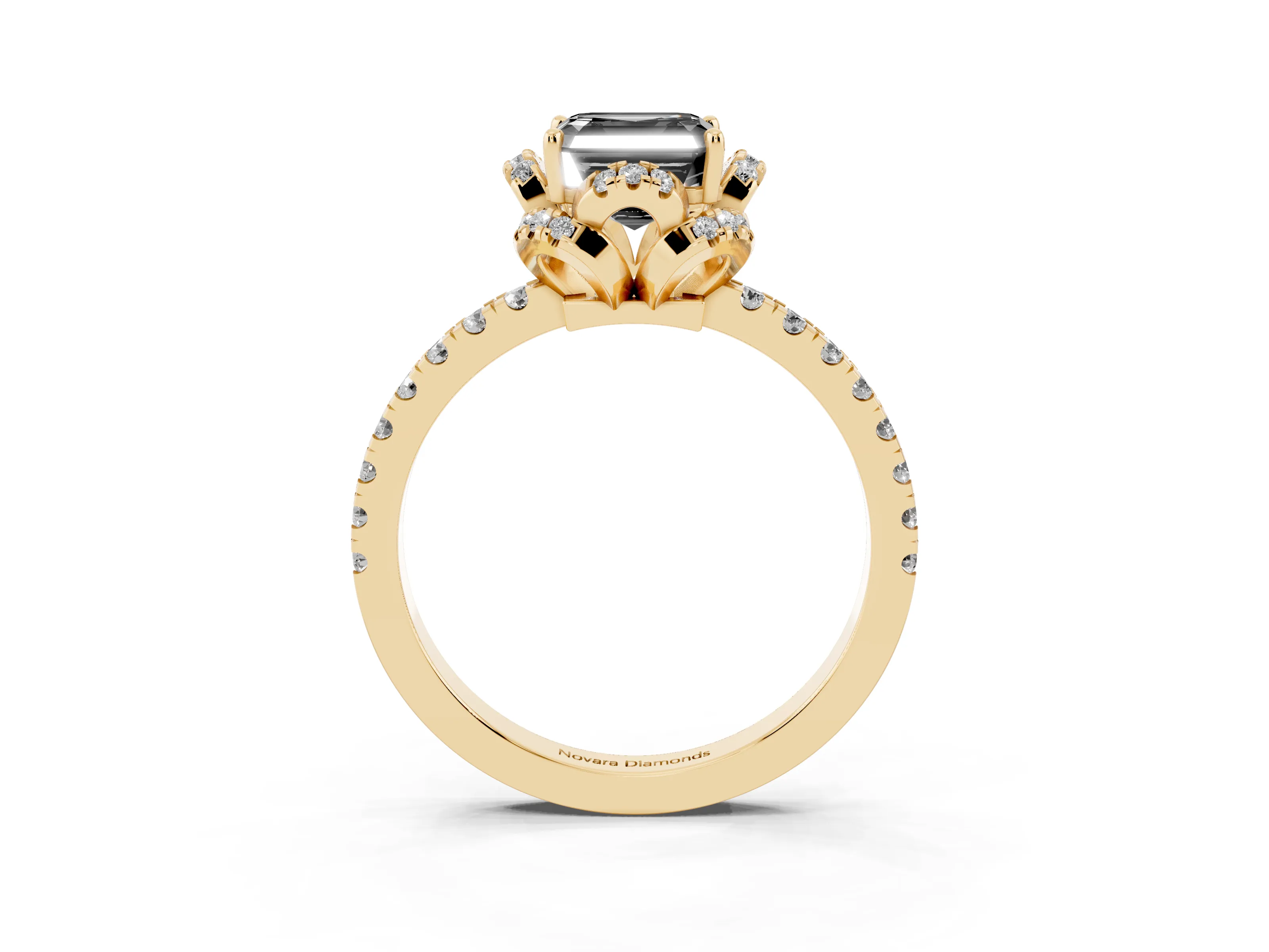 Fancy Black Asscher Cut Diamond Halo Pavé Ring Set in Yellow gold with Prong-Held Center Stone