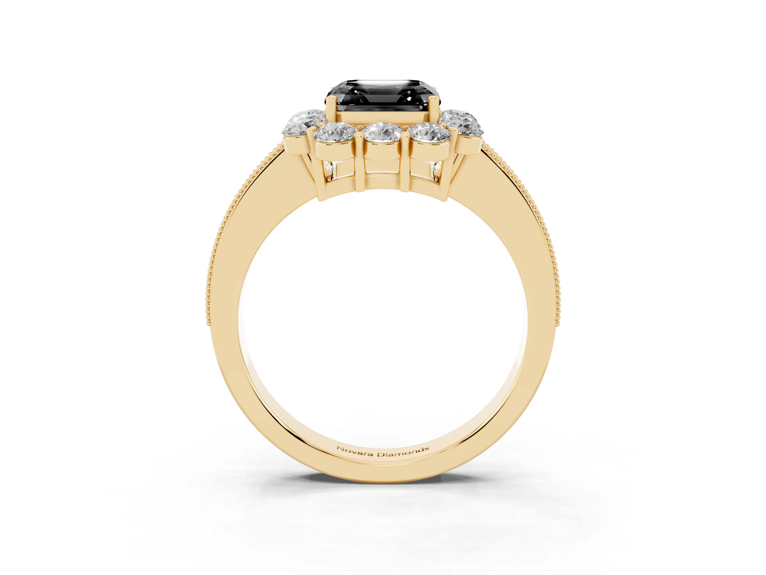 Fancy Black Asscher Cut Diamond Halo Pavé Engagement Ring Set in Yellow gold with Milgrain Detailing