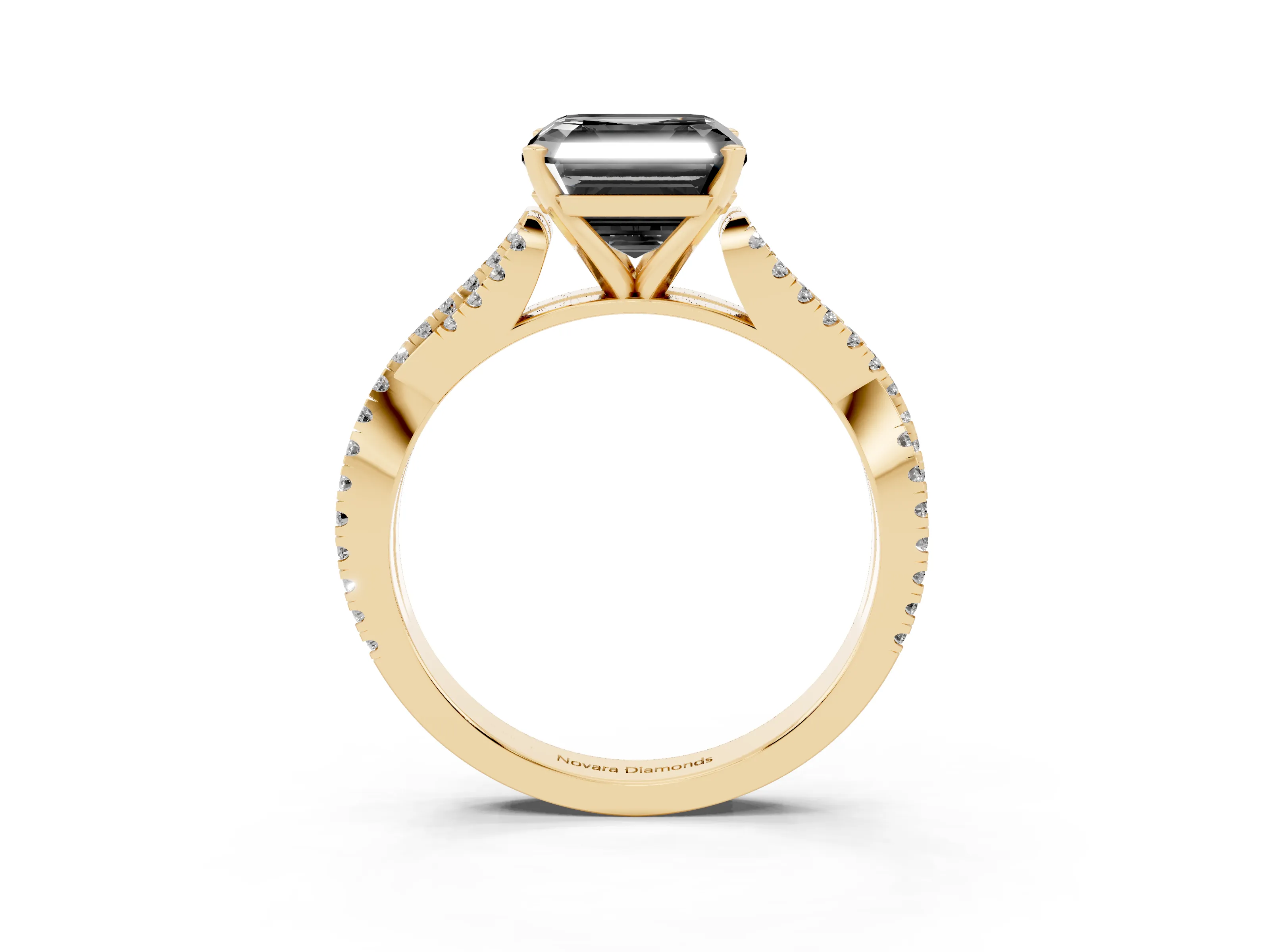 Fancy Black Asscher Cut Diamond Solitaire Engagement Ring Set in Yellow gold with Twisted Pavé Band and Prong Setting
