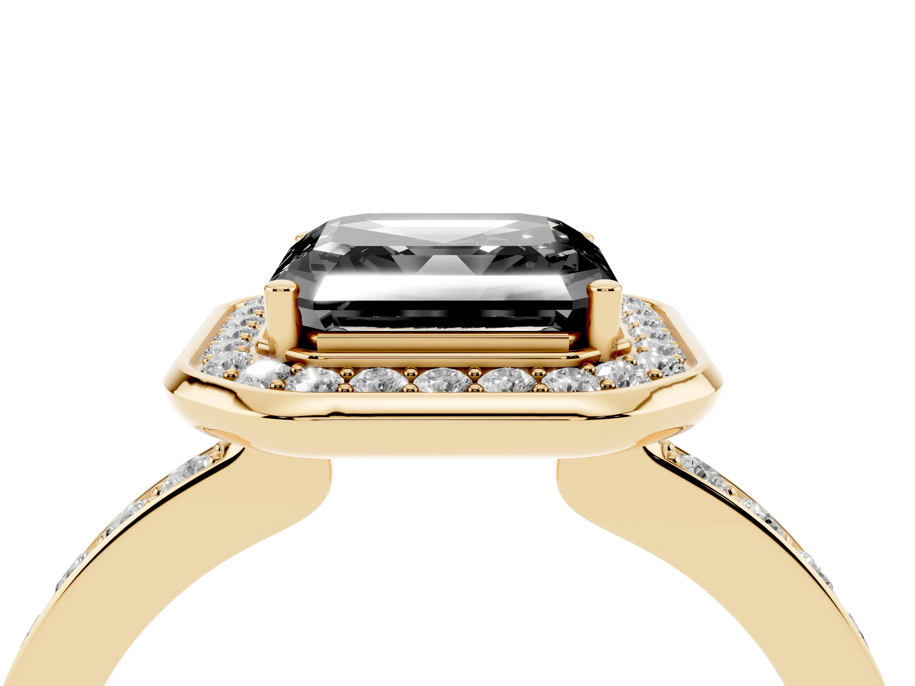 Fancy Black Asscher Cut Diamond Halo Ring Set in Yellow gold with Bezel Frame and Pavé Band