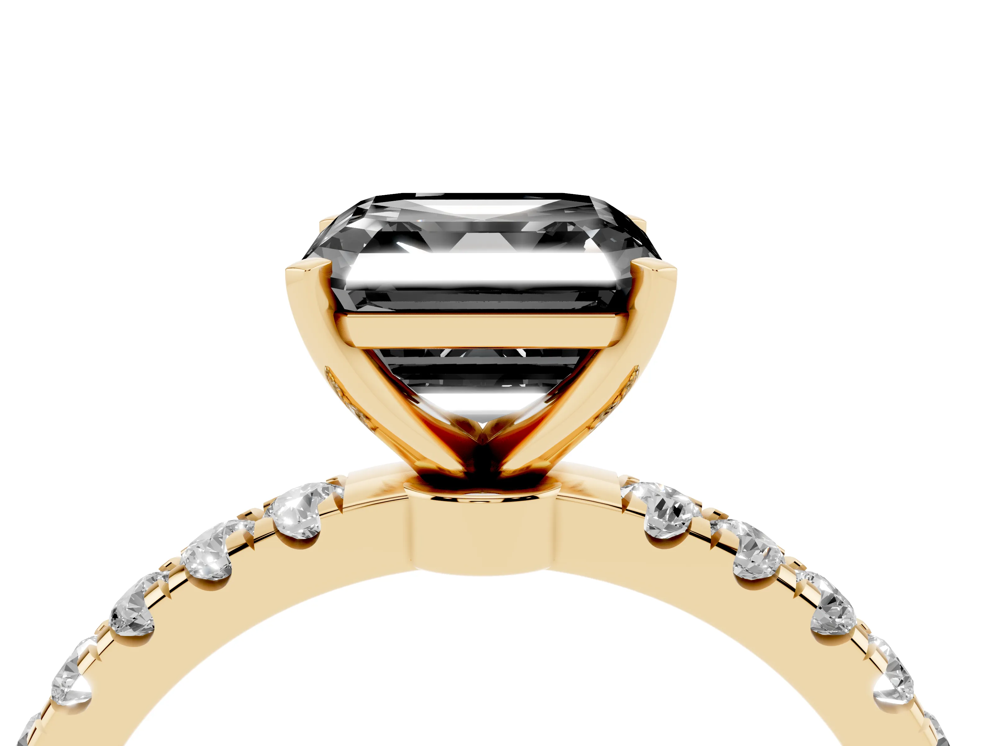 Fancy Black Asscher Cut Diamond Solitaire Ring Set in Yellow gold with Pavé Accents and Prong Setting