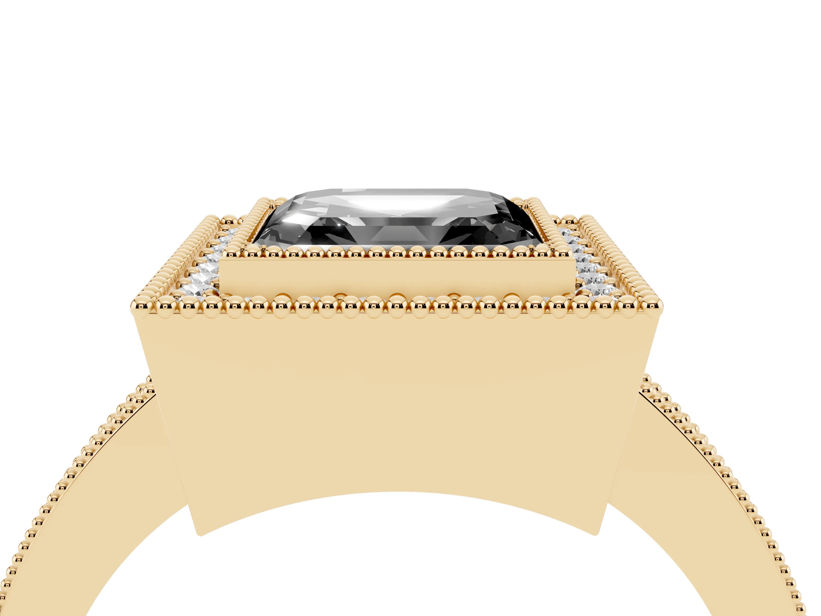 Fancy Black Asscher Cut Diamond Halo Engagement Ring Set in Yellow gold with Pavé Band and Round Halo Stones