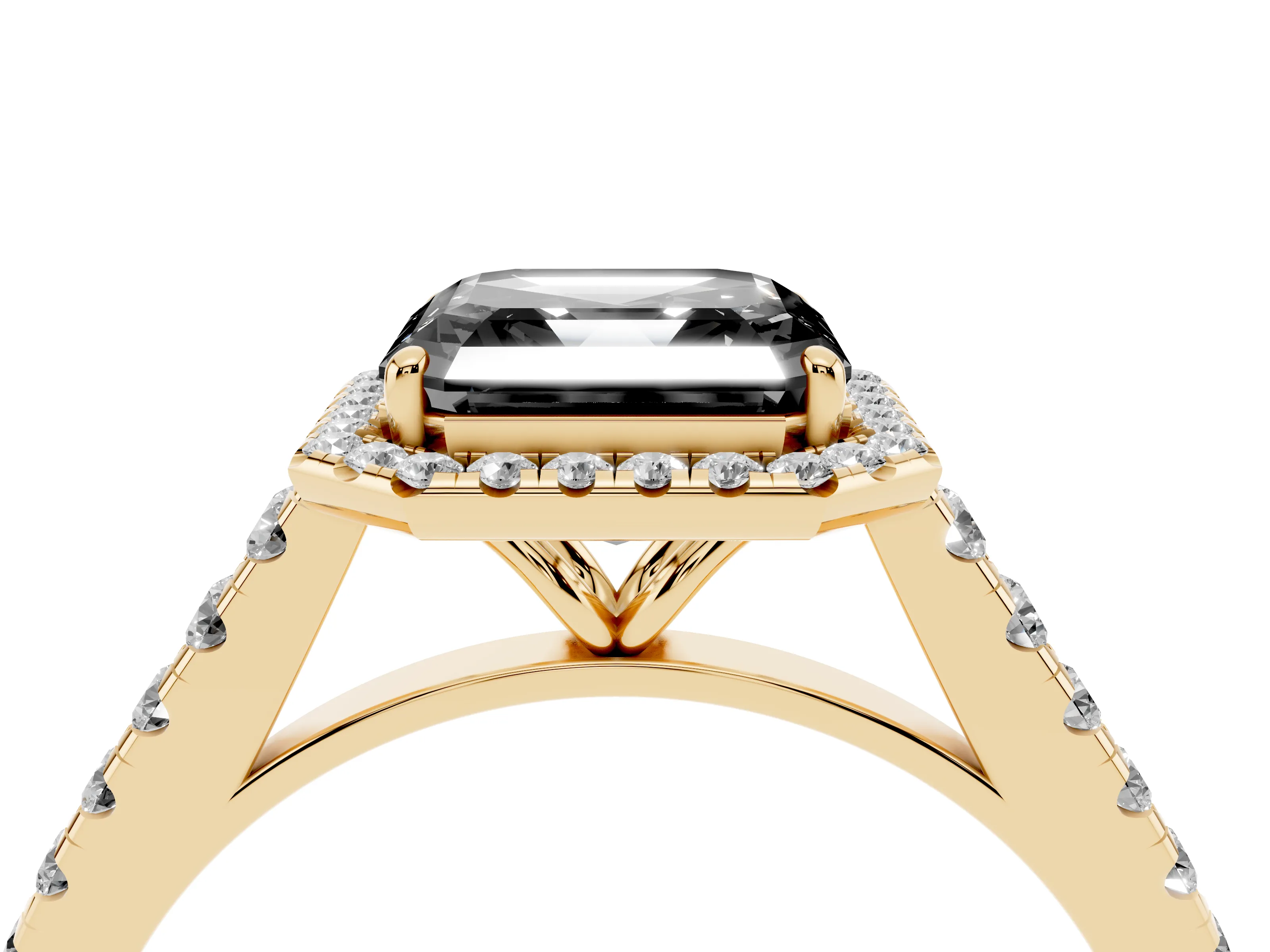 Fancy Black Asscher Cut Diamond Halo Pavé Engagement Ring Set in Yellow gold with Prong Setting