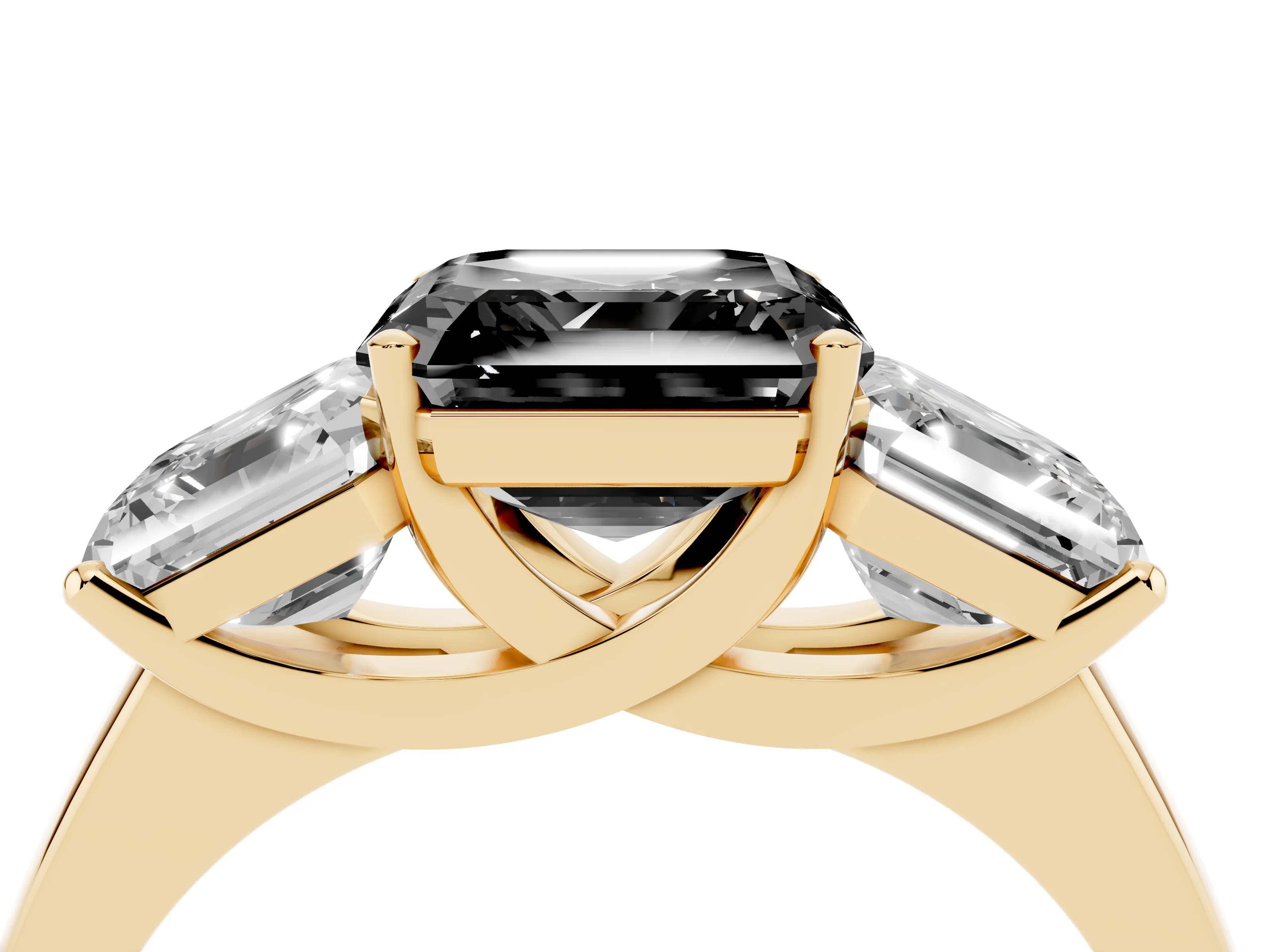 Fancy Black Asscher Cut Diamond Three-Stone Ring Set in Yellow gold with Classic Prong Setting and Plain Band
