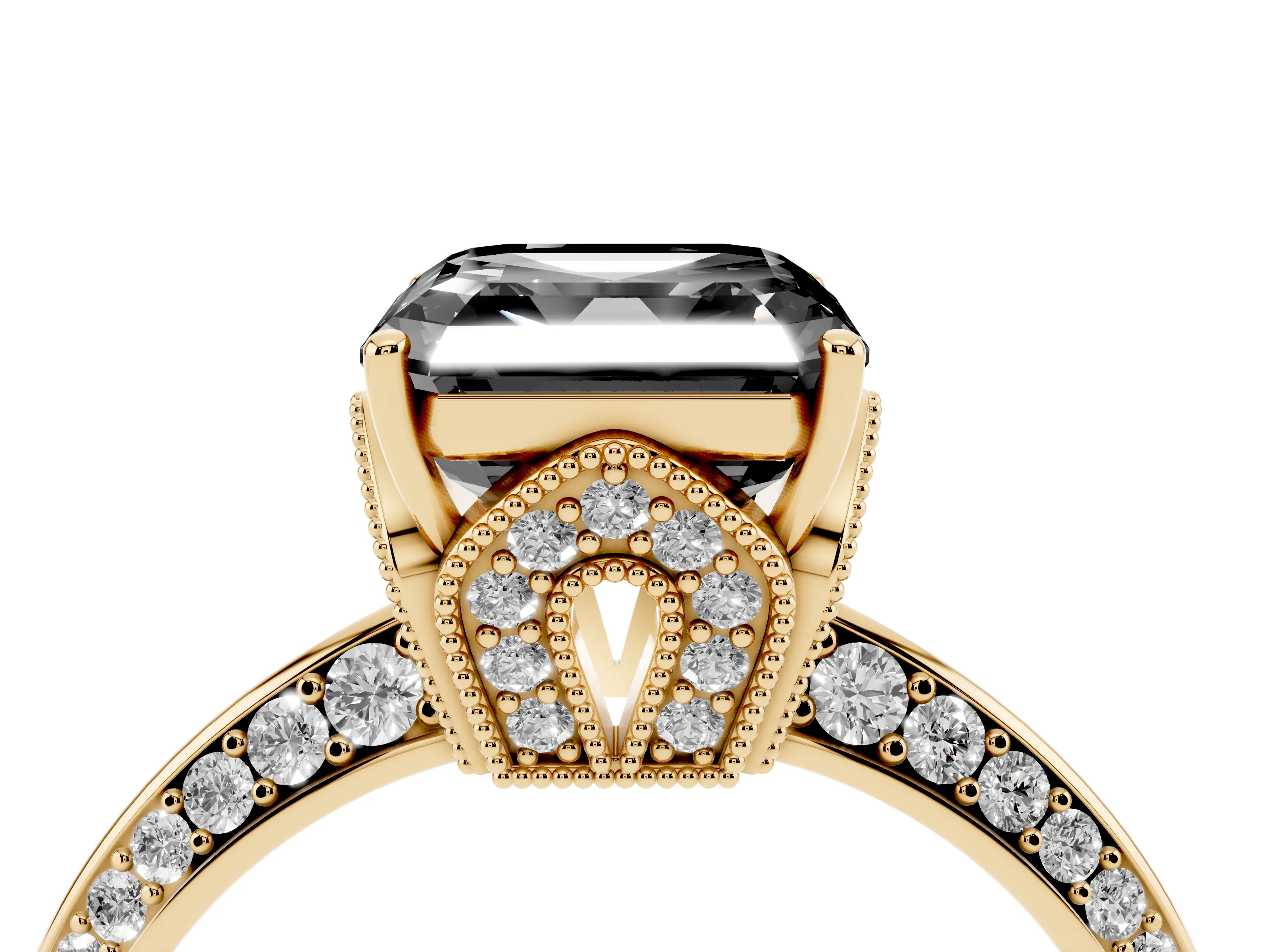 Fancy Black Asscher Cut Diamond Solitaire Engagement Ring Set in Yellow gold with Pavé Split Shank and Prong Setting