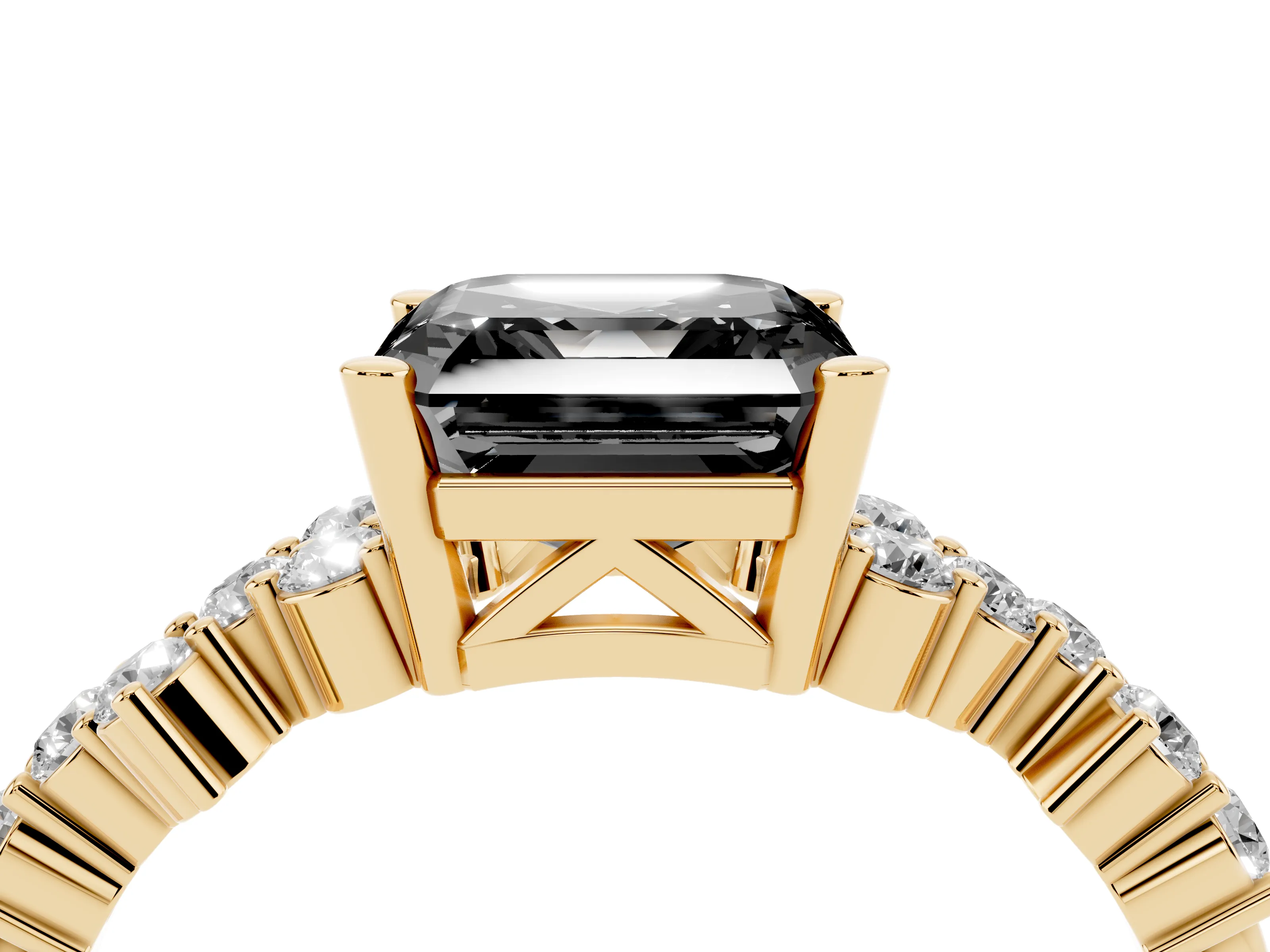 Fancy Black Asscher Cut Diamond Ring Set in Yellow gold with Scattered Round Accents