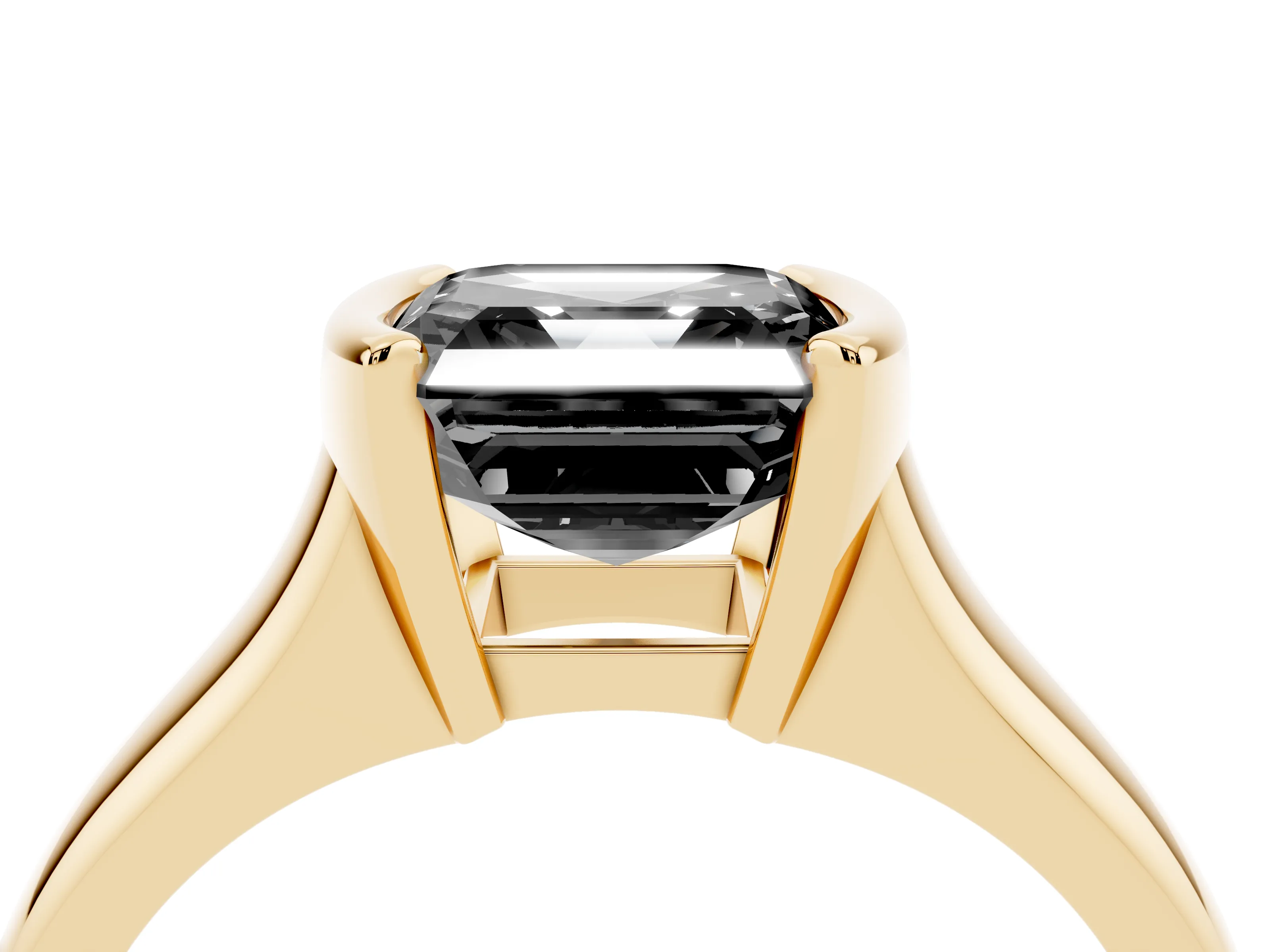 Fancy Black Asscher Cut Diamond Solitaire Tension Set Ring Set in Yellow gold with Split Shank Band