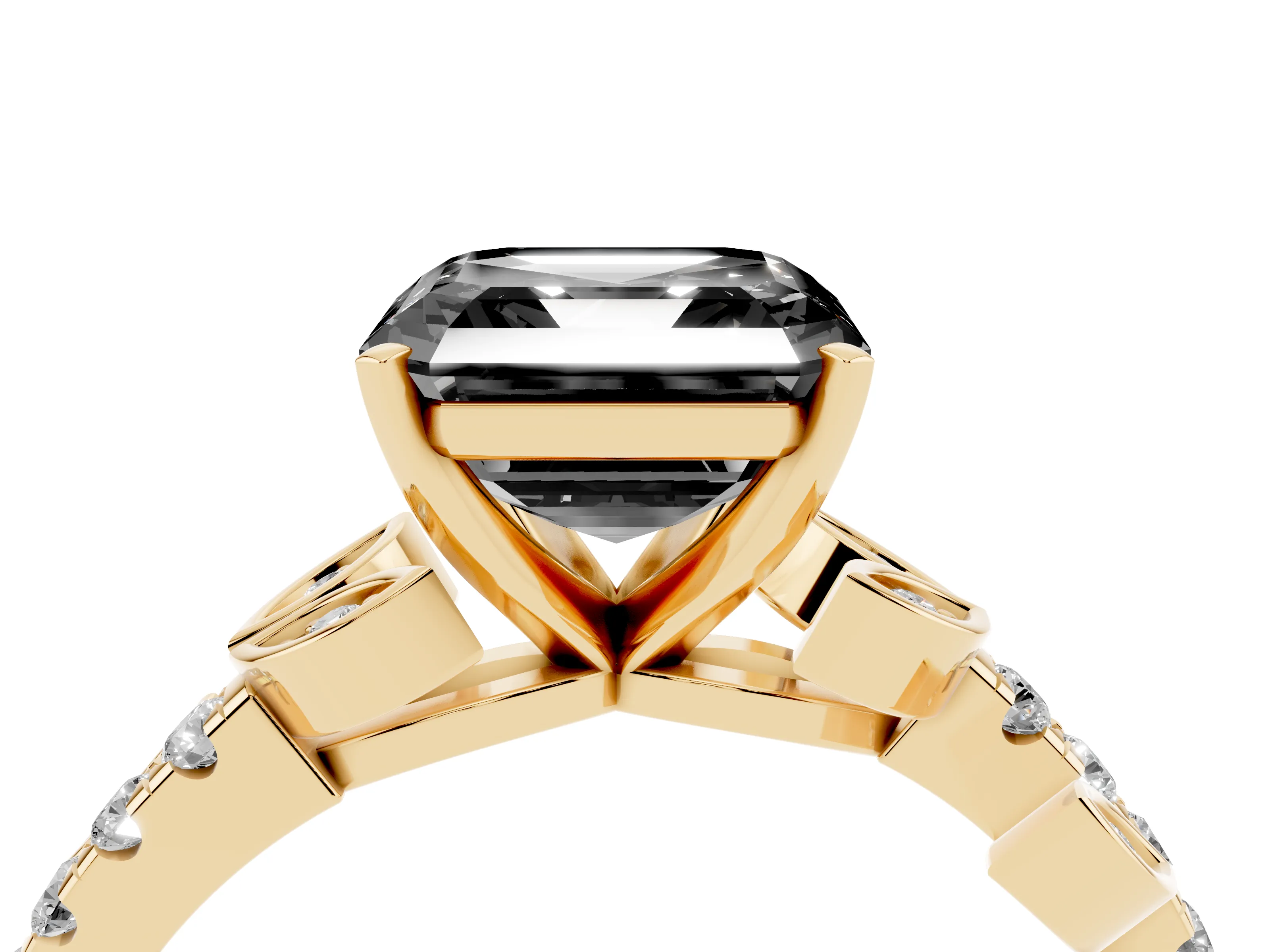 Fancy Black Asscher Cut Diamond Solitaire Leaf-Inspired Ring Set in Yellow gold with Pavé Band and Prong Setting