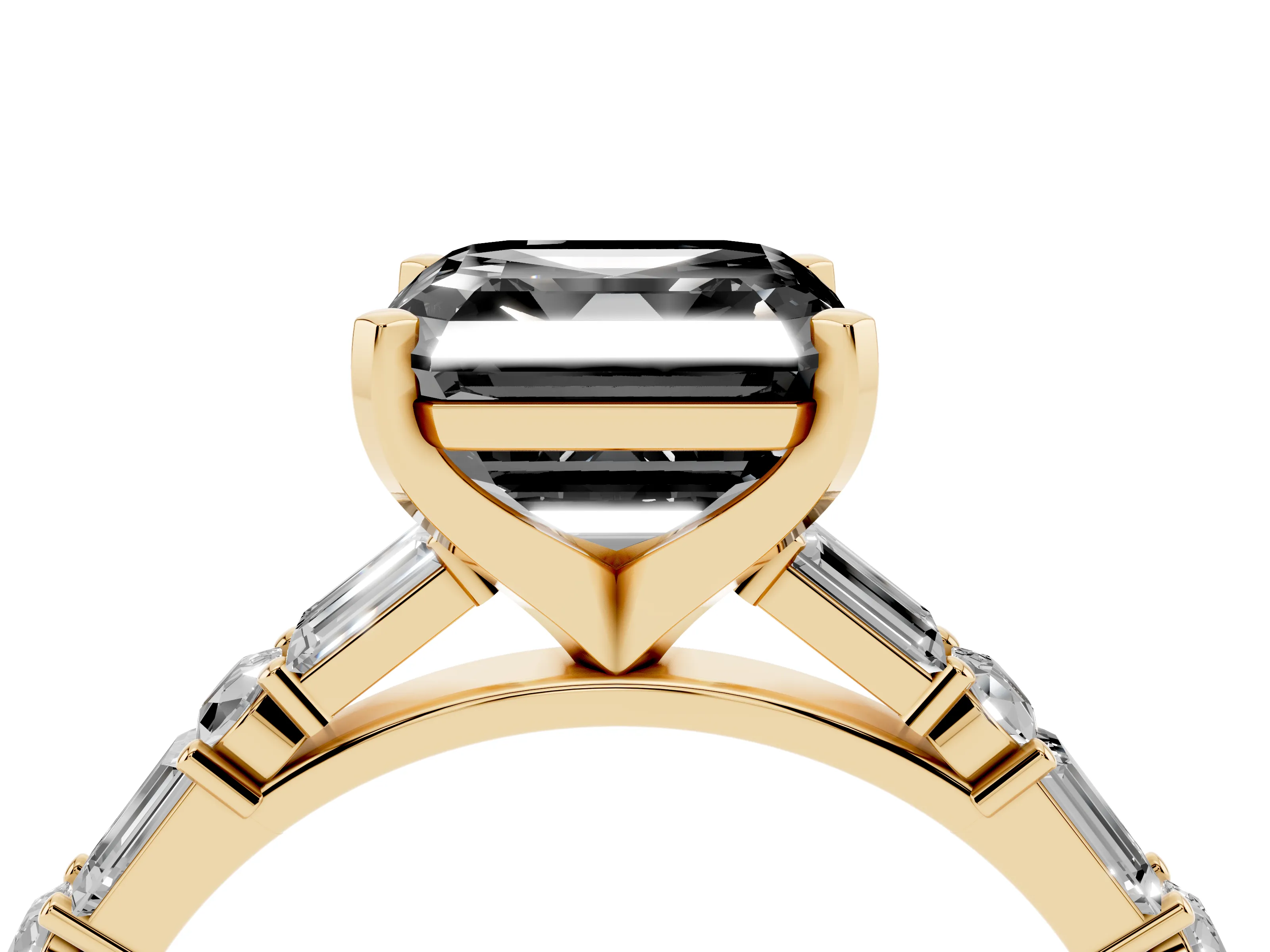 Fancy Black Asscher Cut Diamond Solitaire Set in Yellow gold with Side Baguettes and Channel Set Band