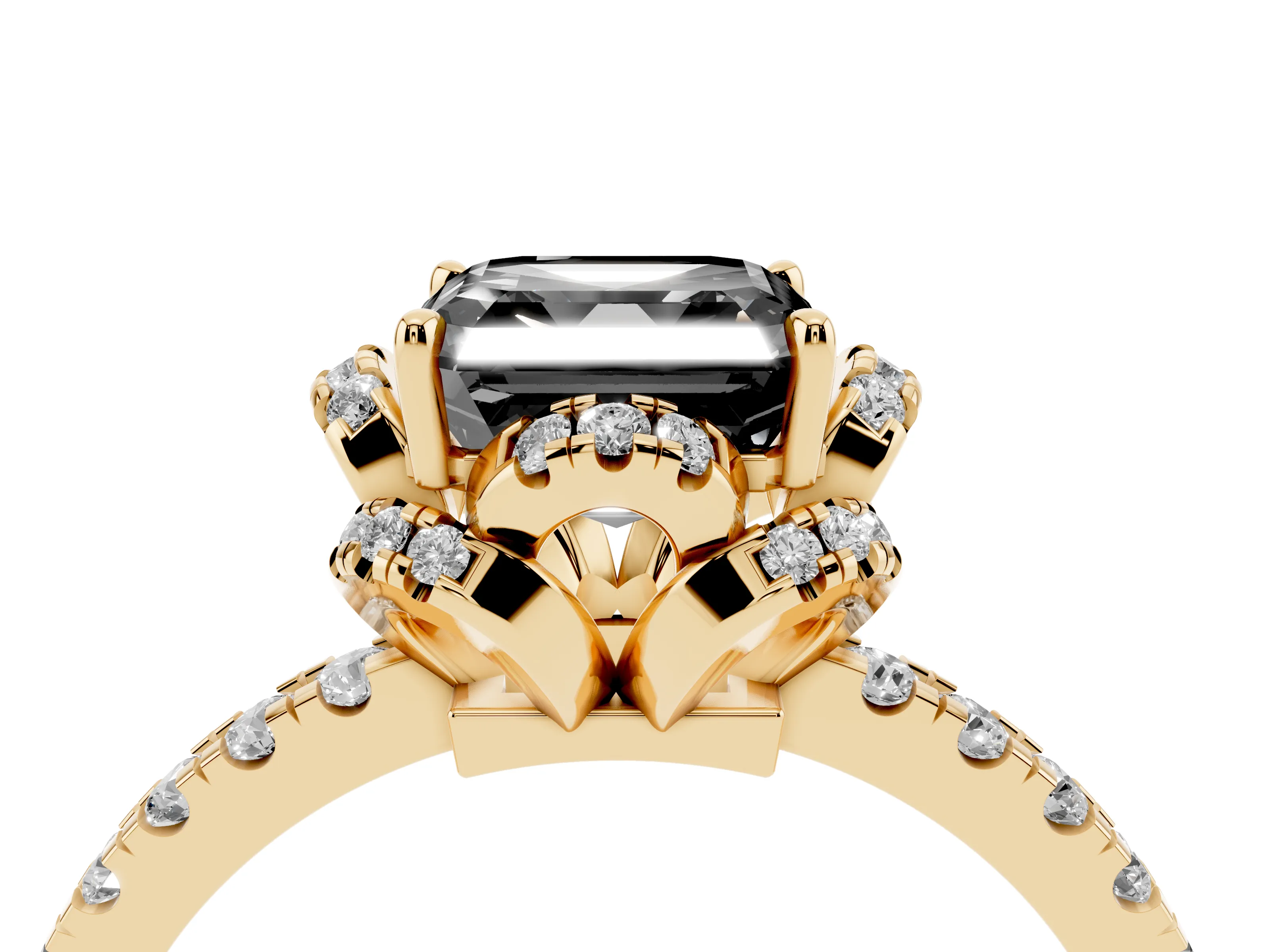 Fancy Black Asscher Cut Diamond Halo Pavé Ring Set in Yellow gold with Prong-Held Center Stone