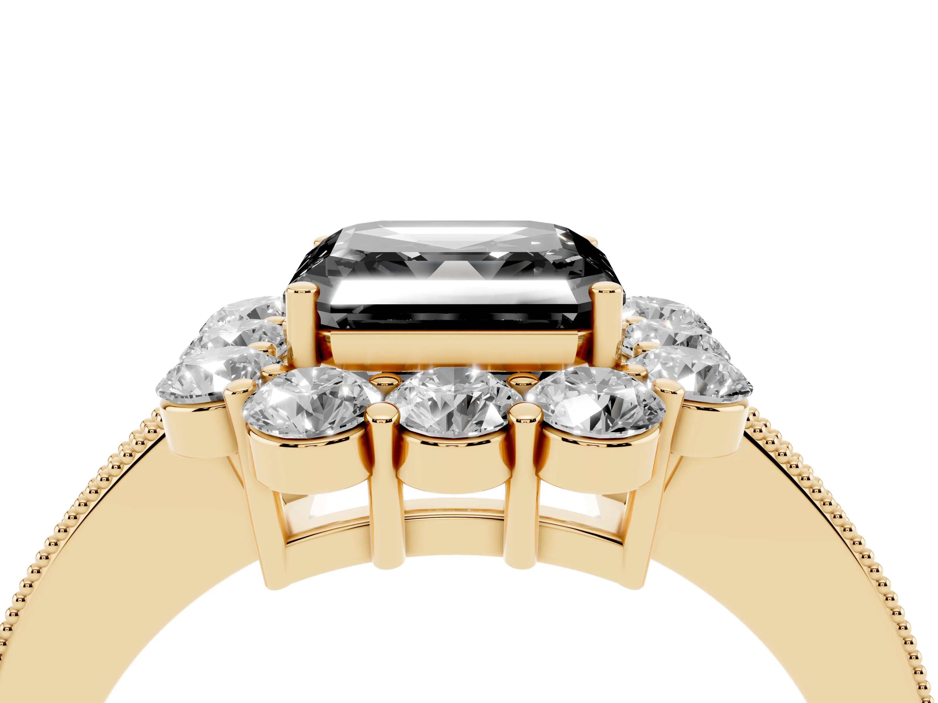 Fancy Black Asscher Cut Diamond Halo Pavé Engagement Ring Set in Yellow gold with Milgrain Detailing