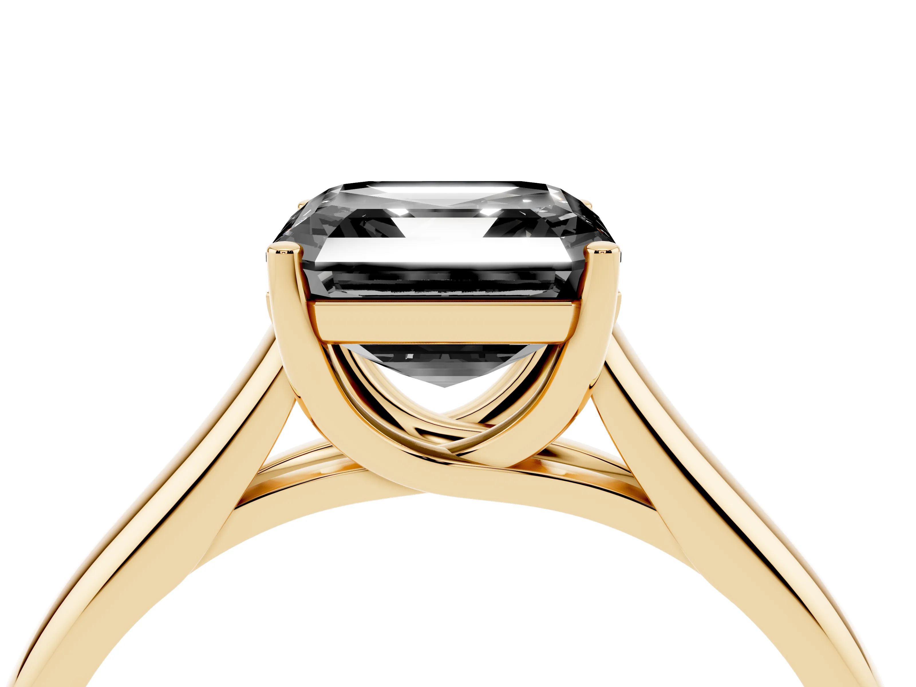 Fancy Black Asscher Cut Diamond Solitaire Engagement Ring Set in Yellow gold with Subtly Tapered Band and Prong Setting