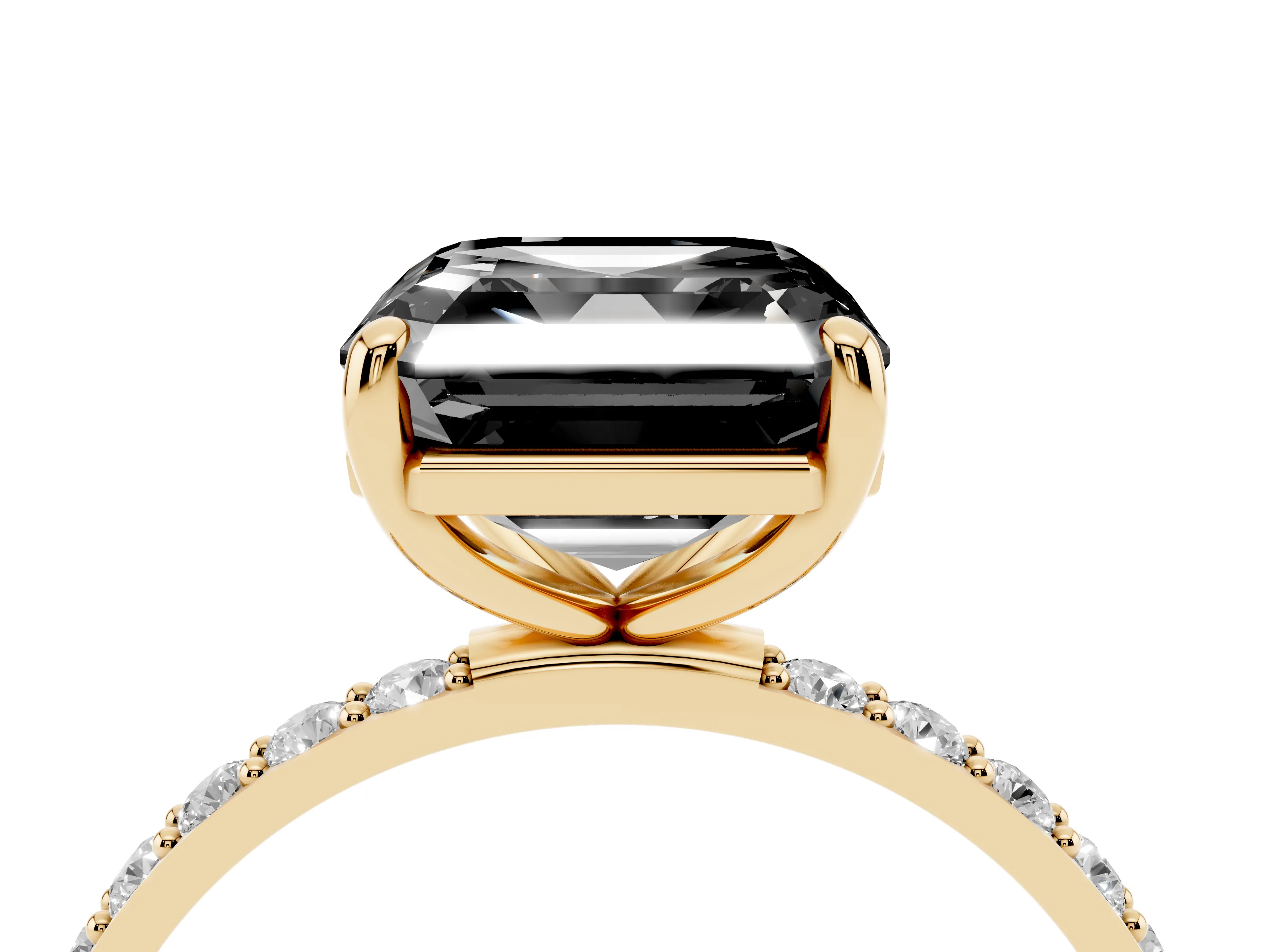 Fancy Black Asscher Cut Diamond Solitaire Ring Set in Yellow gold with Round Pavé Band and Prong Setting