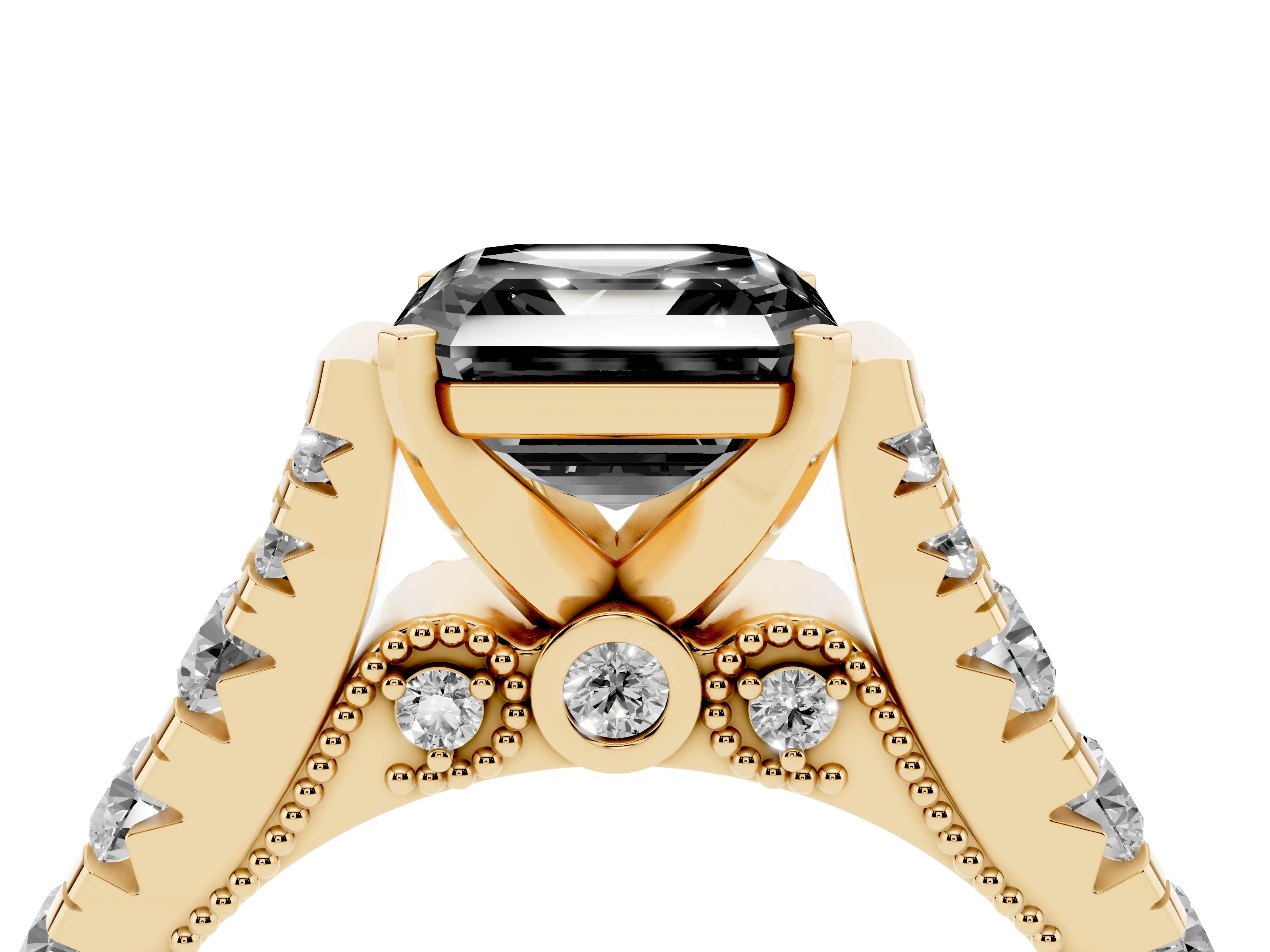 Fancy Black Asscher Cut Diamond Classic Solitaire Ring Set in Yellow gold with Pavé Band and Prong Setting