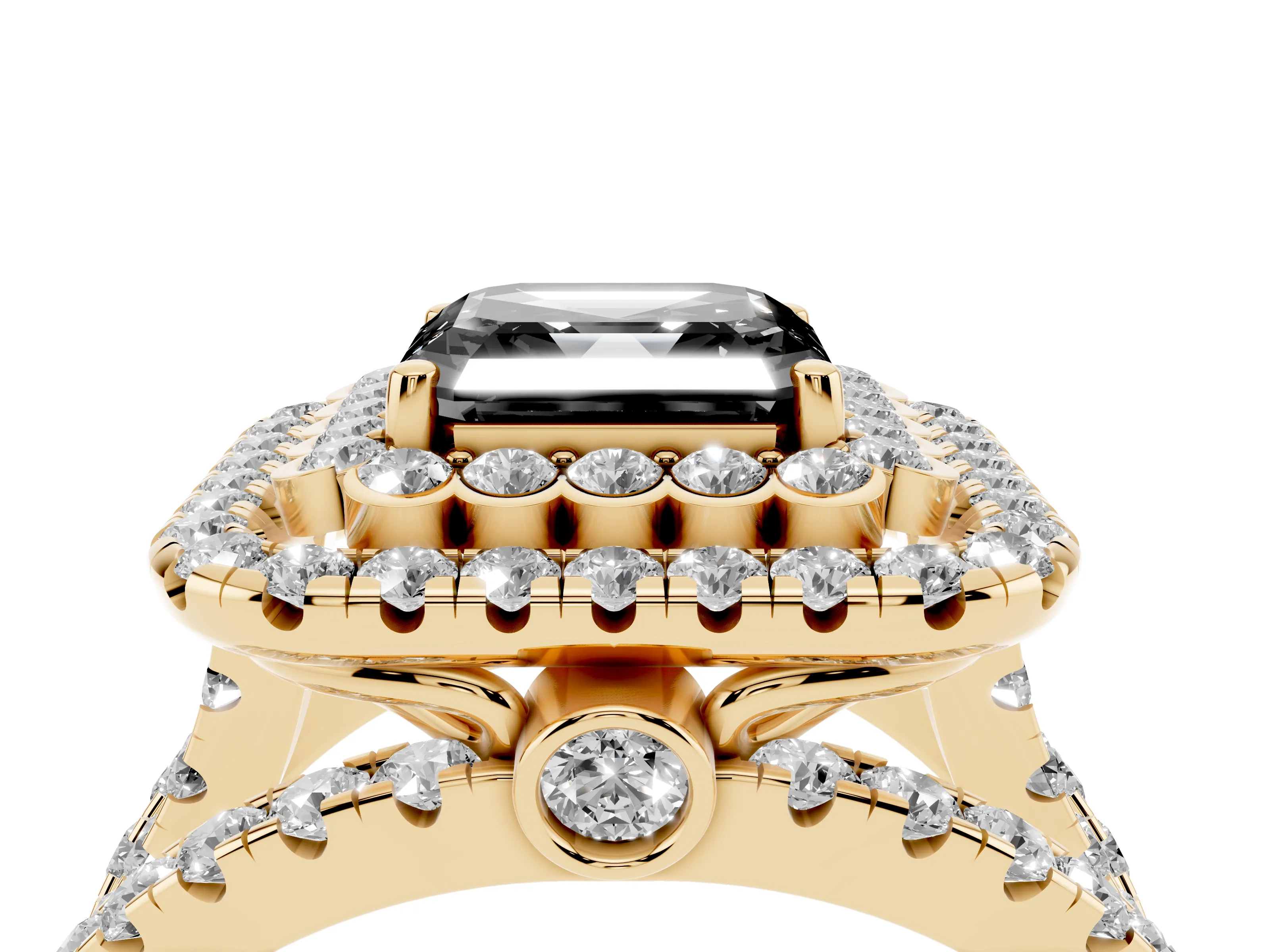 Fancy Black Asscher Cut Diamond Double Halo Ring Set in Yellow gold with Round Pavé Split Shank